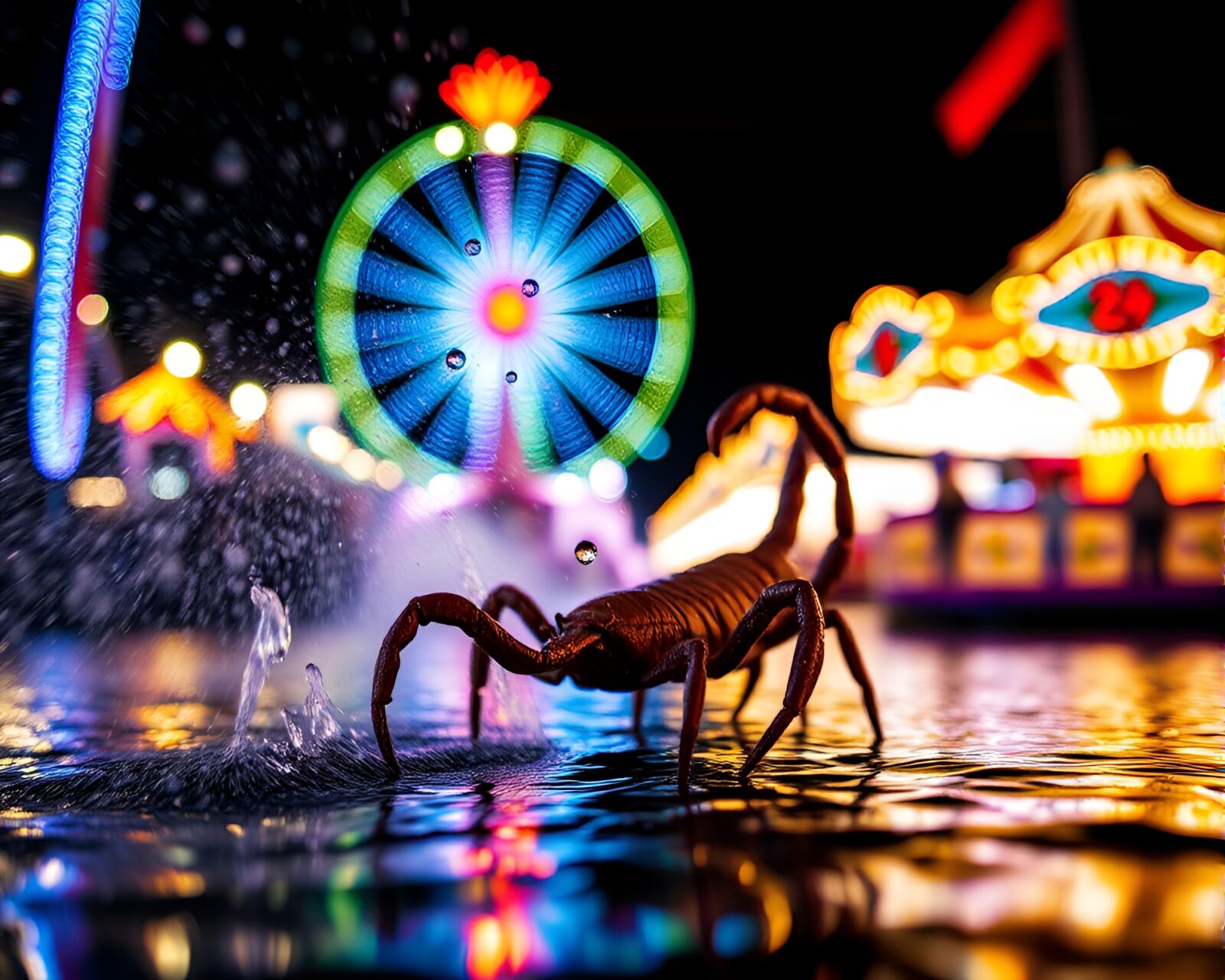 Tilt-shift photo of a scorpion with carnival lighting.