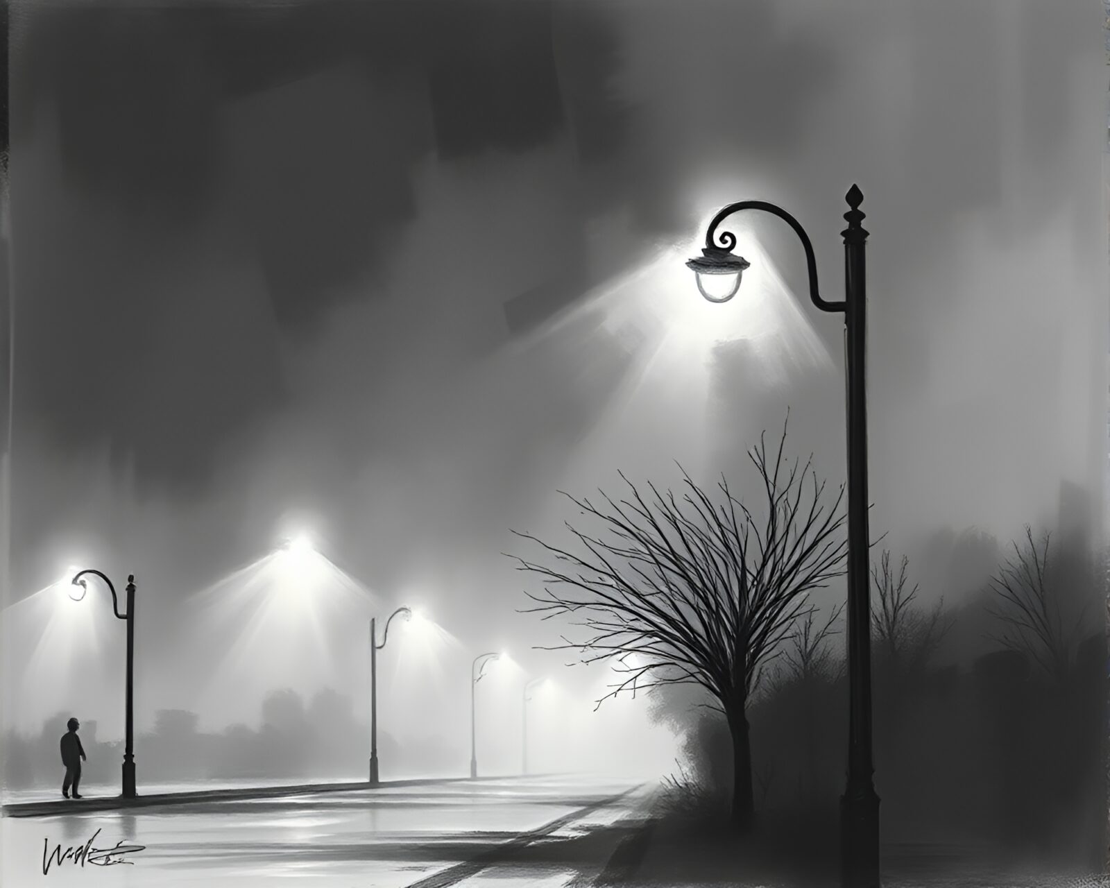 Dark cityscape with glowing streetlamp, sketched in charcoal