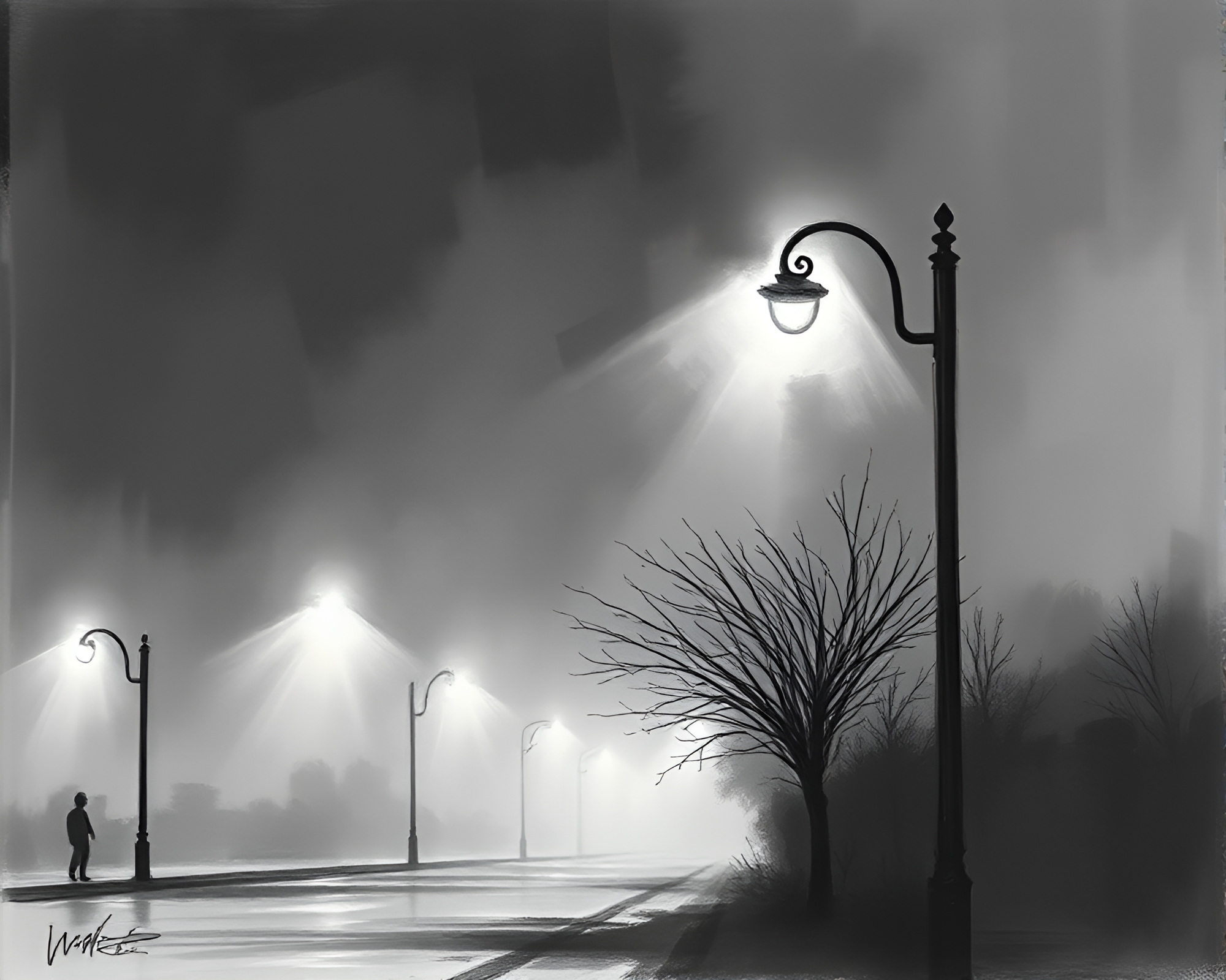 Foggy Streets: Charcoal Sketch of Illuminated Streetlamp – free AI stock image