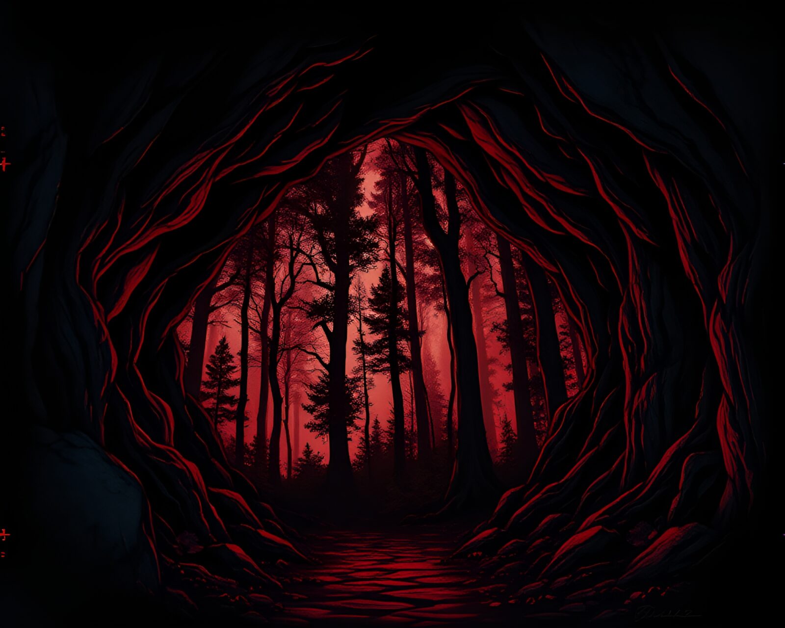 Dark cave entrance in vibrant stained glass chalk drawings