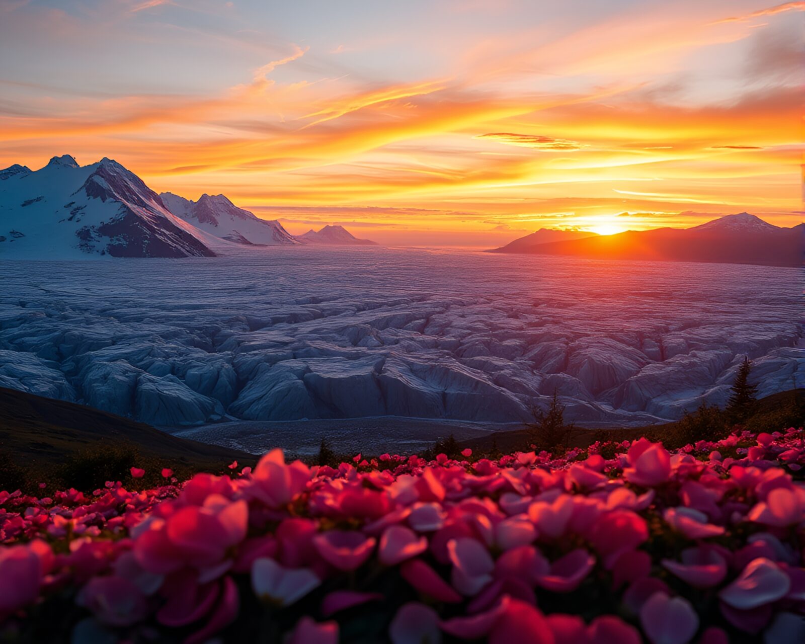 Illustrated fashion scene with glacier backdrop and flower petals
