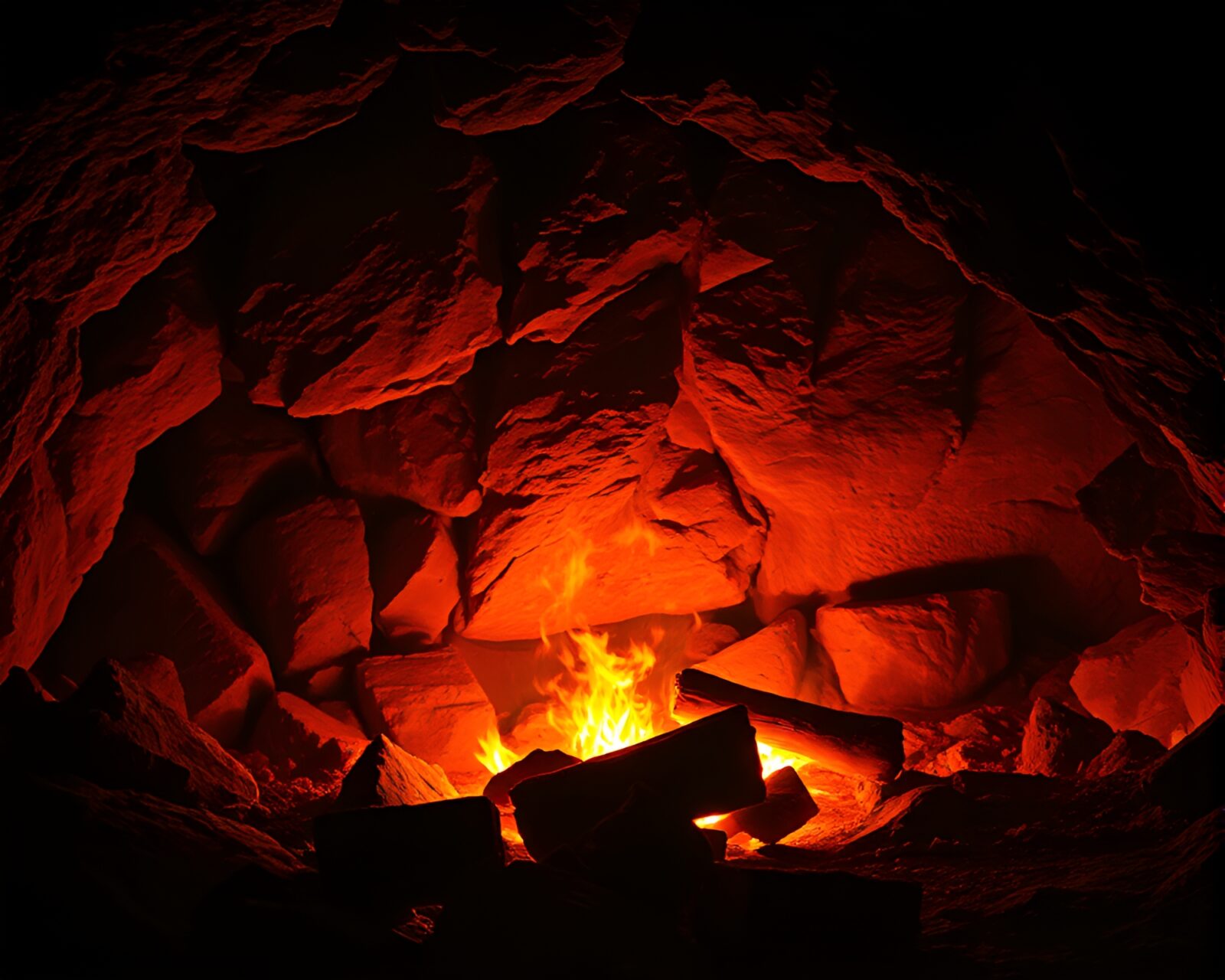 Ancient cave artwork featuring flickering embers in lithograph form