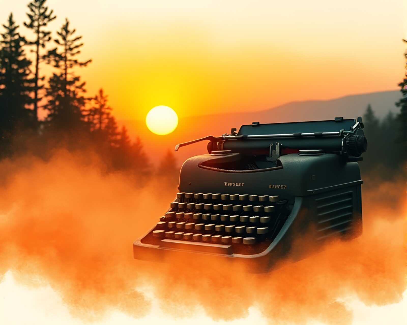 Vintage typewriter with wildlife scenery painted in orange hues