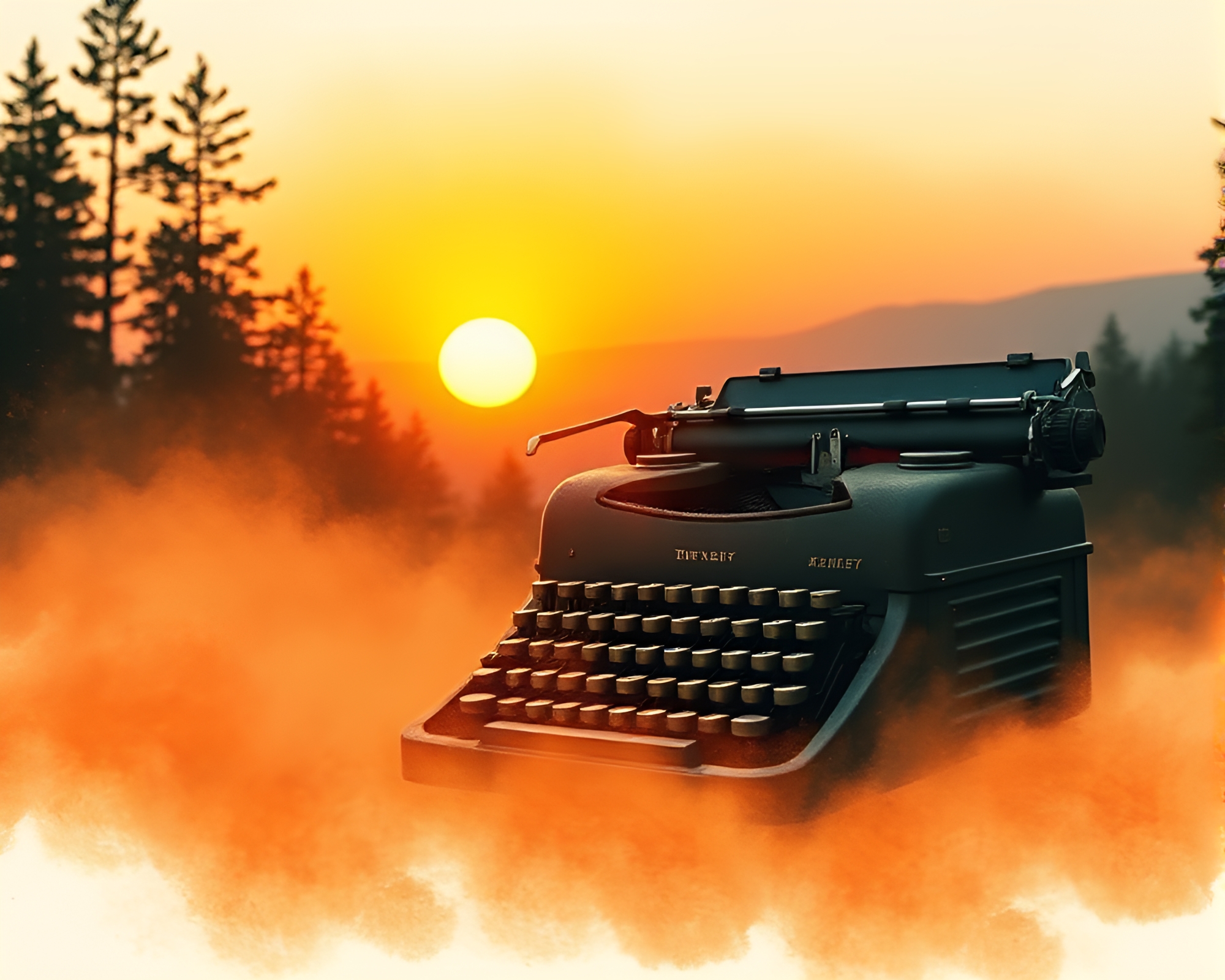 Antique Typewriter in Wildlife Watercolor Sunset – free AI stock image