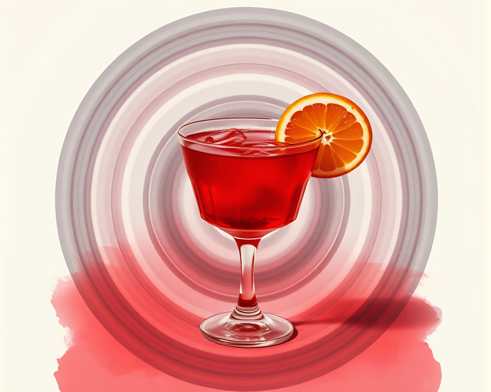 Concentric circles of ink wash style, with blood orange cocktail