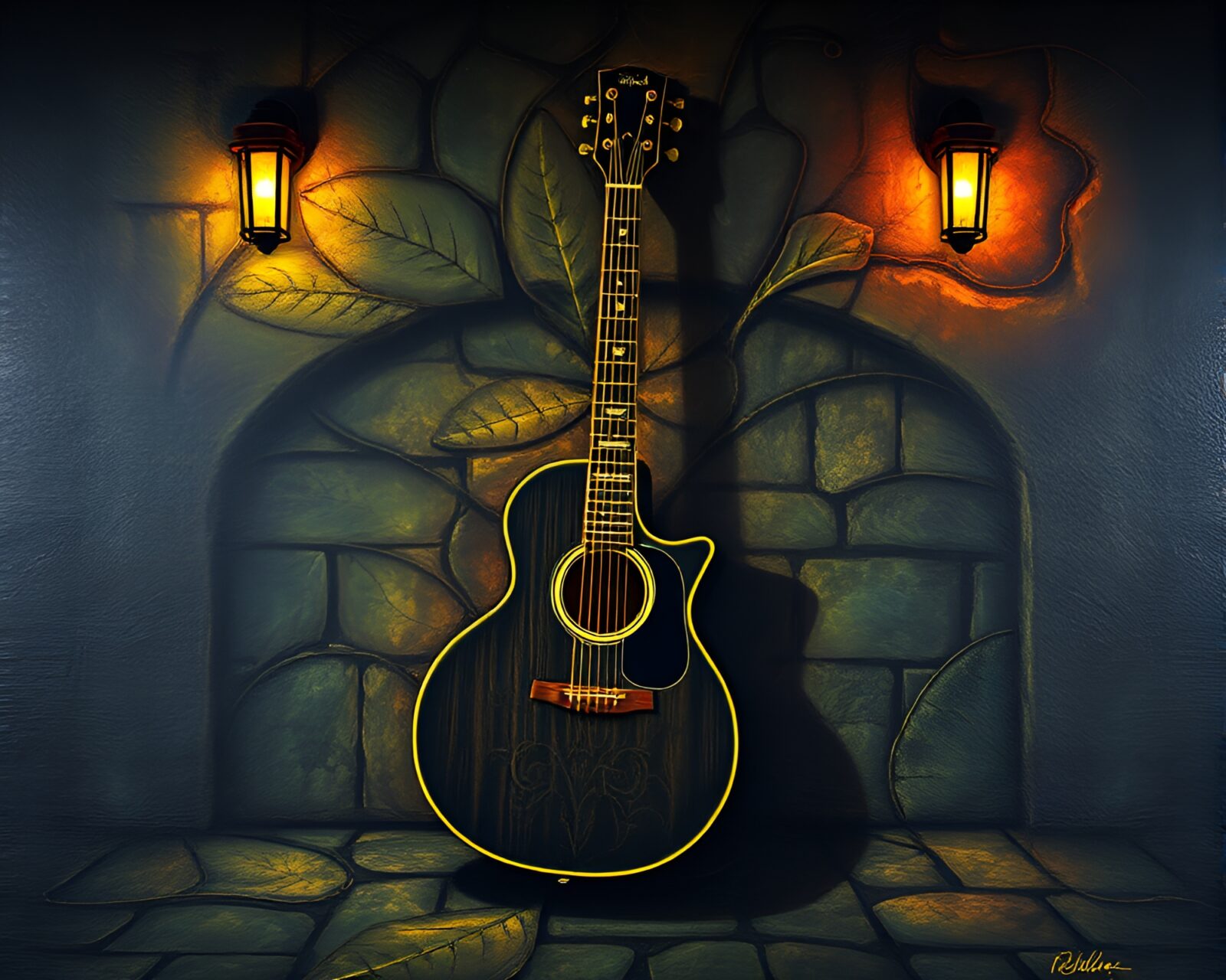 Detailed mural of a leaf vein pattern with guitar theme in torchlit dungeon