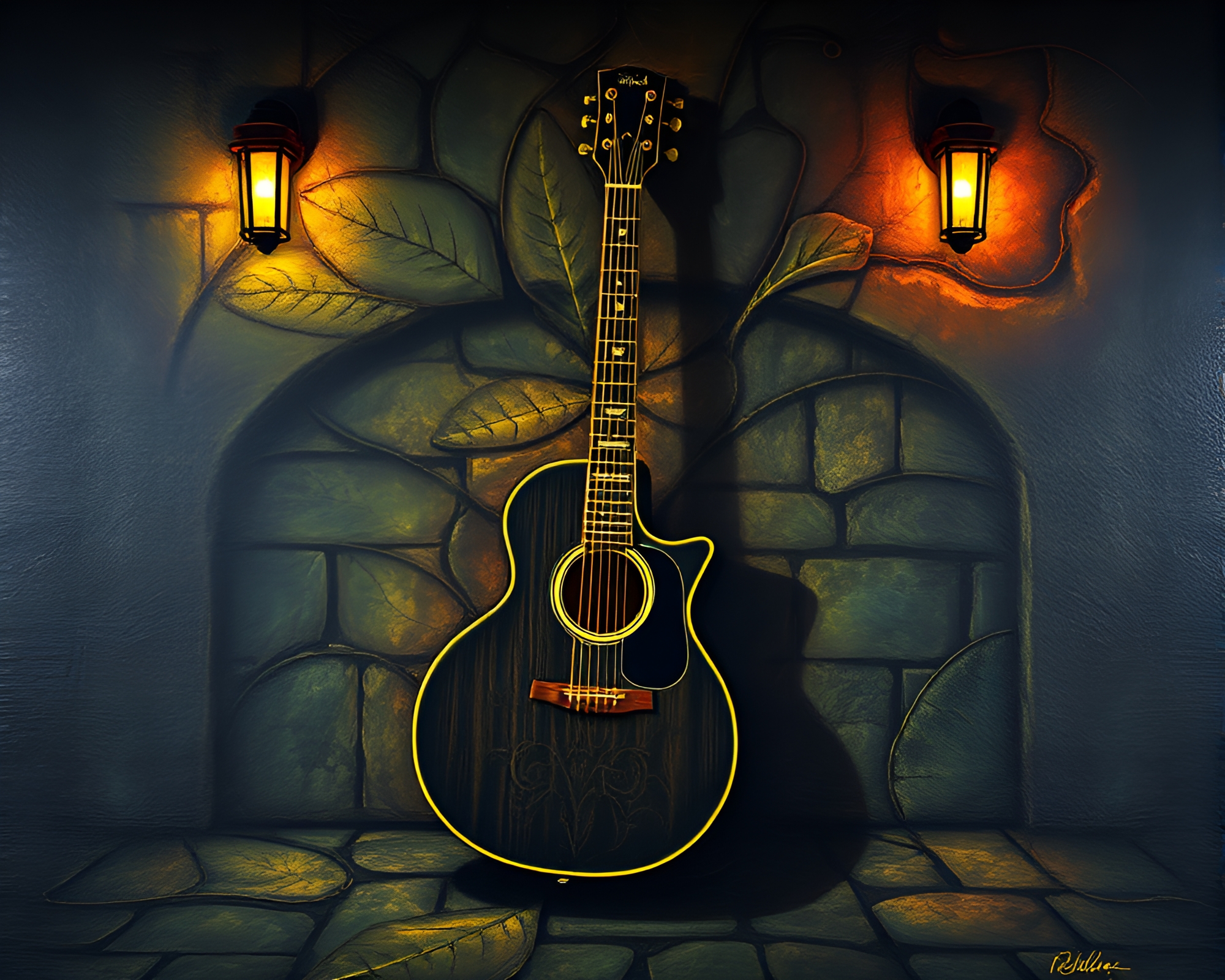 Guitar-inspired Leaf Vein Dungeon Mural – free AI stock image