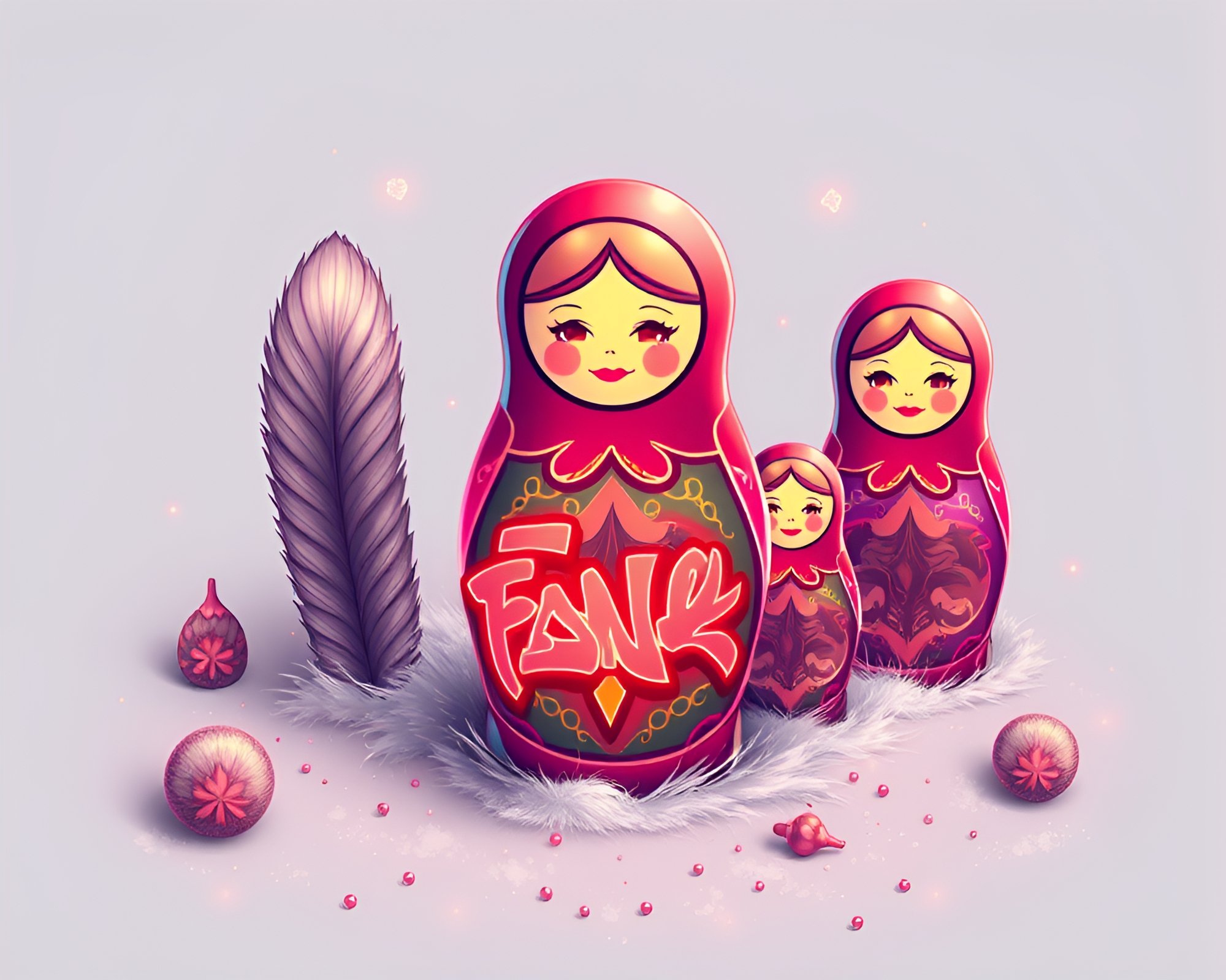 Neon Matryoshka Doll Feather Dusting Illustration – free AI stock image