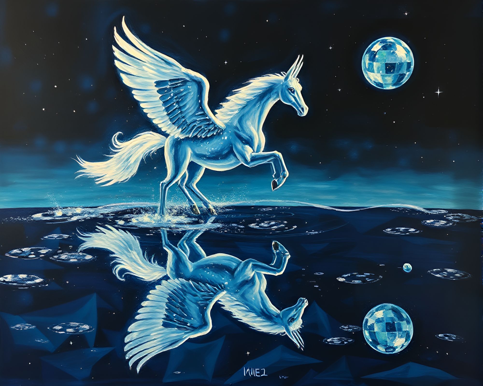 Pegasus Reflection in Disco Ball Puddle – free AI stock image