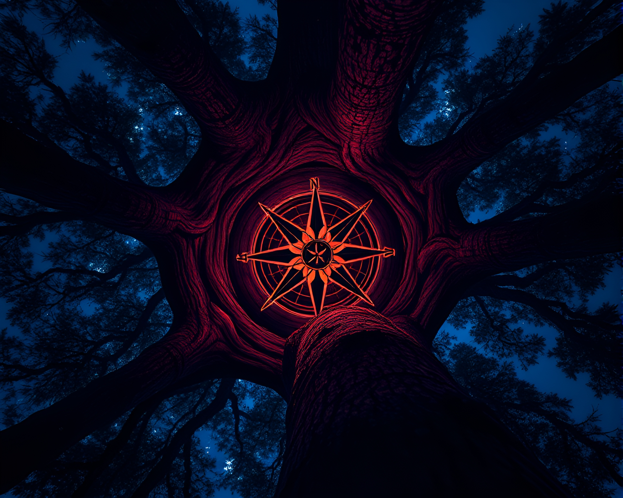 Enchanted Tree Ring Compass in Strobe Light Club – free AI stock image