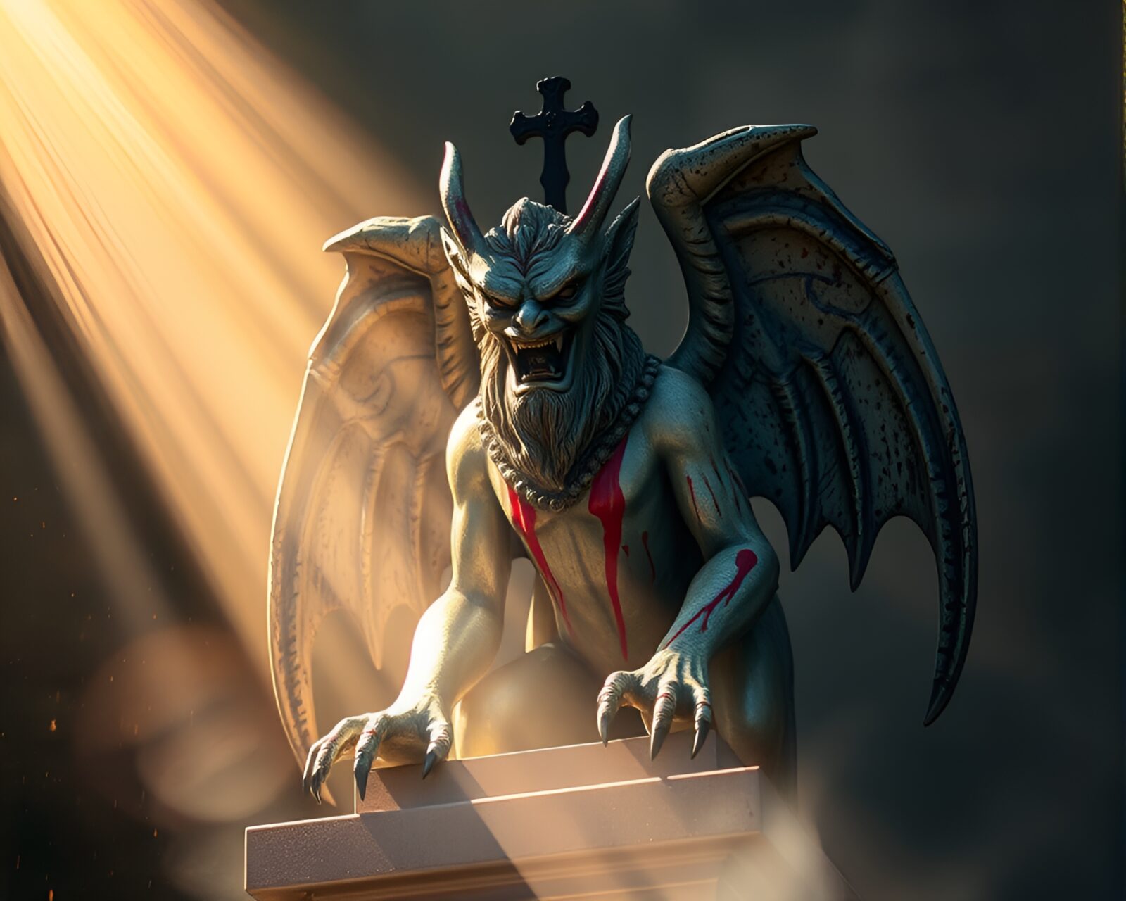 Majestic gargoyle statue bathing in heavenly light with paint drips