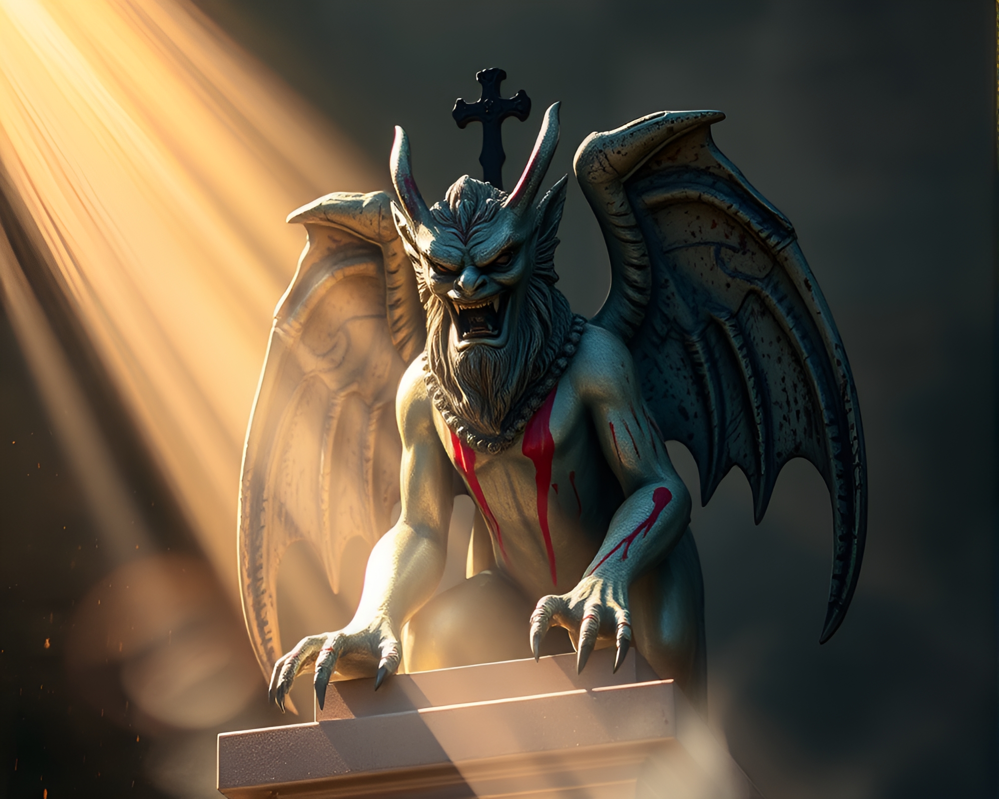 Gargoyle Statue in God Rays Spotlight with Spray Paint Drips – free AI stock image