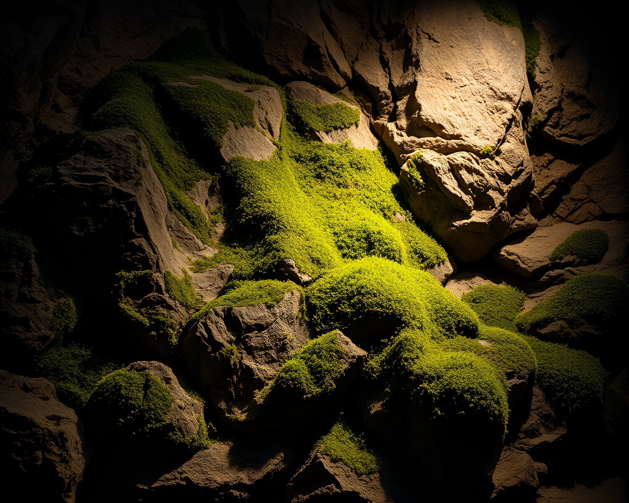 Moss-Covered Rock Illuminated by Mosaic Spotlight – free AI stock image