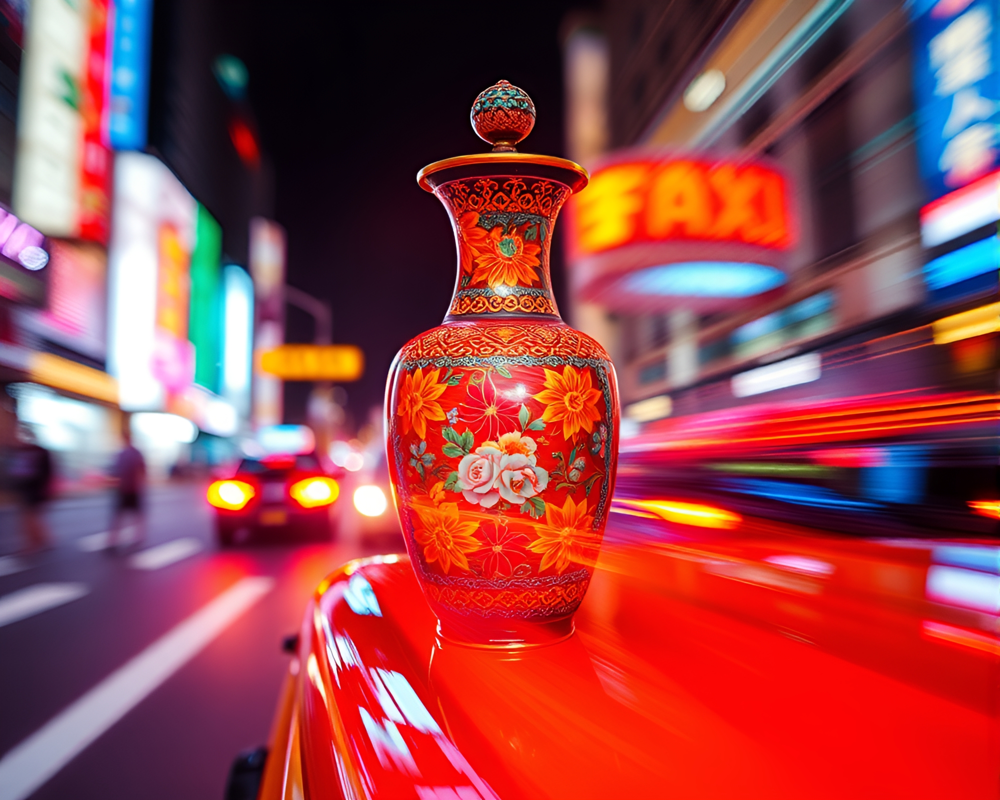 Taxi Blur Streak Through Vibrant Neon Cloisonné Vase – free AI stock image