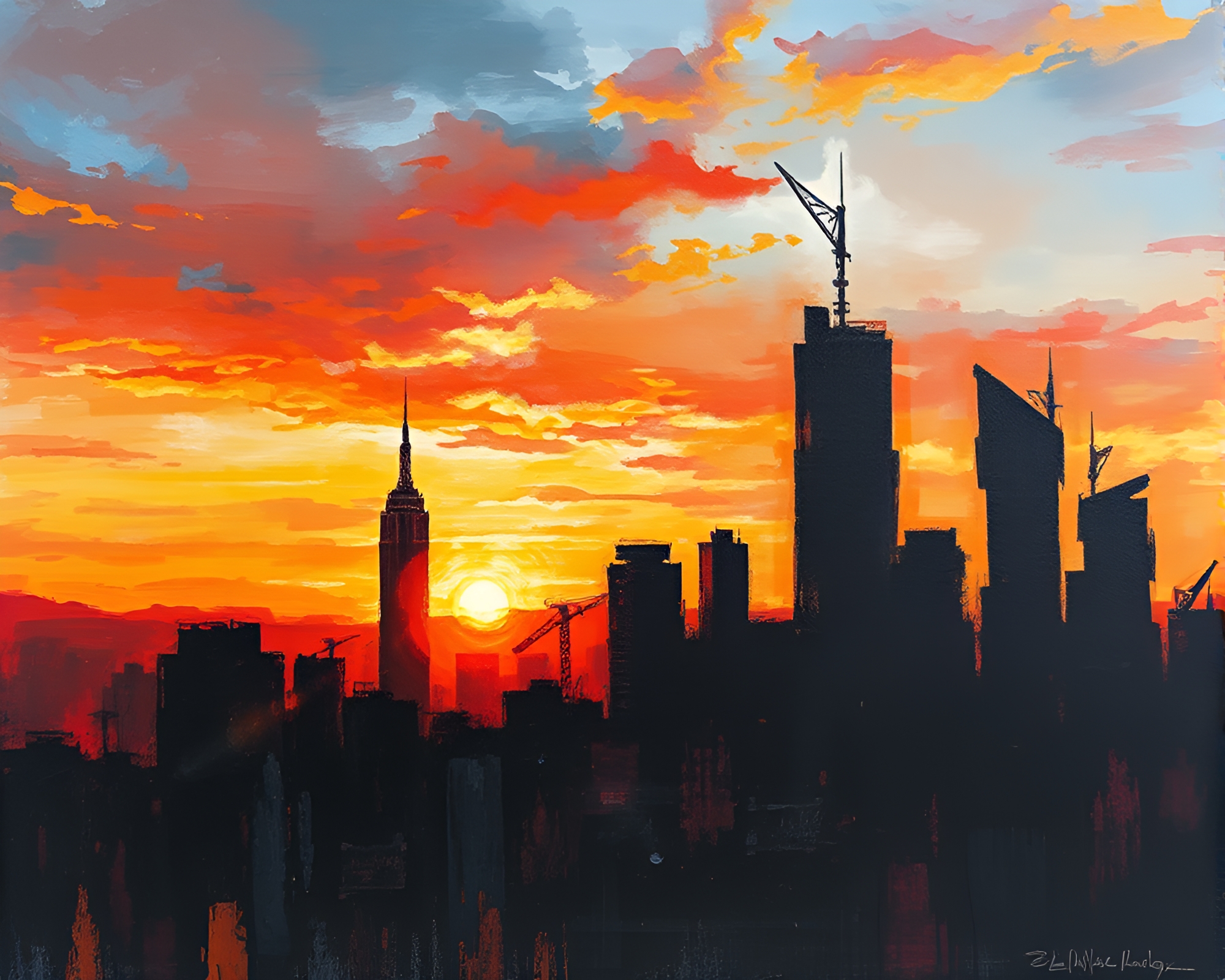Impressionist Sunset Over Futuristic City in Charcoal – free AI stock image