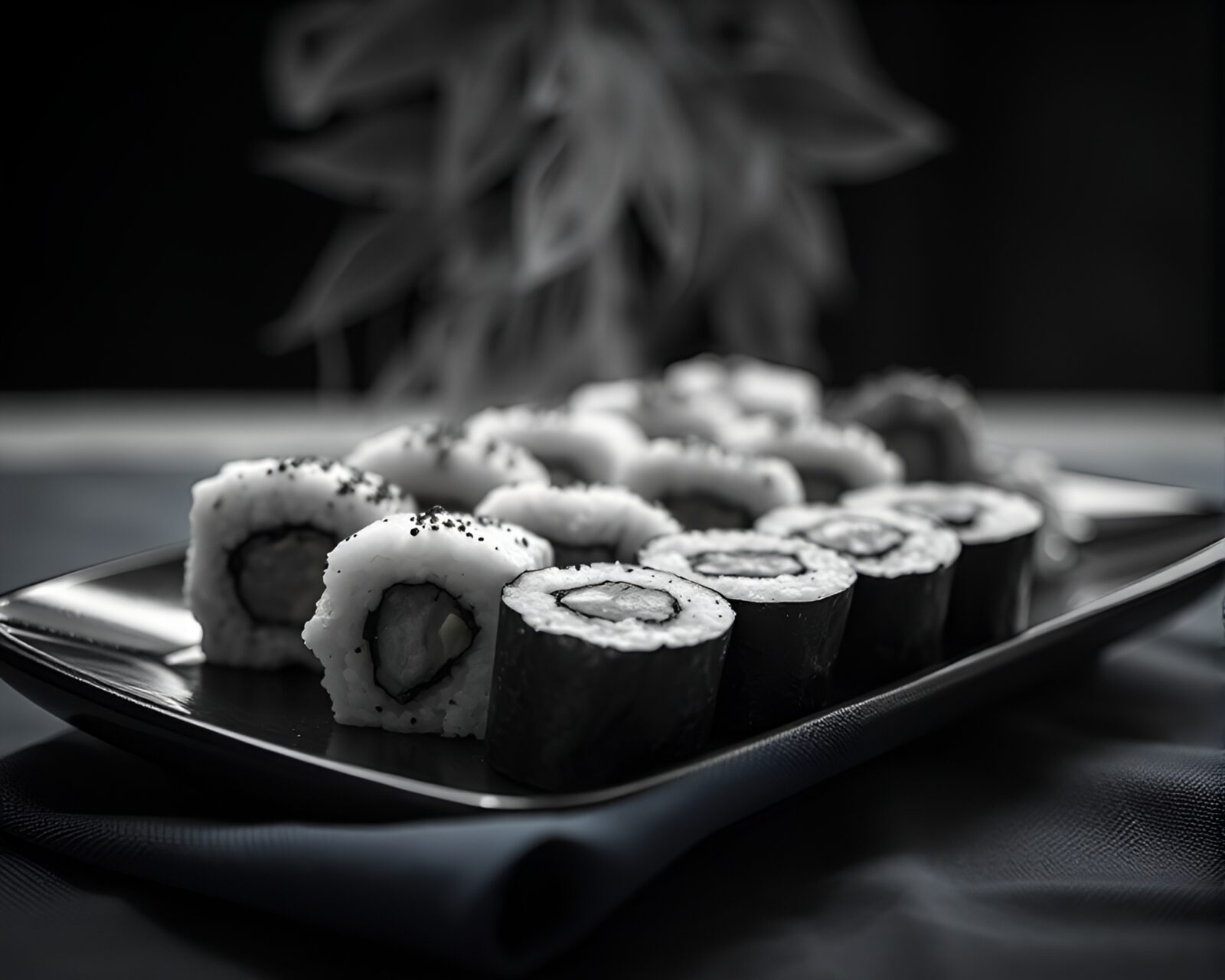 Artistic blue-toned sushi platter with cloth-like textures