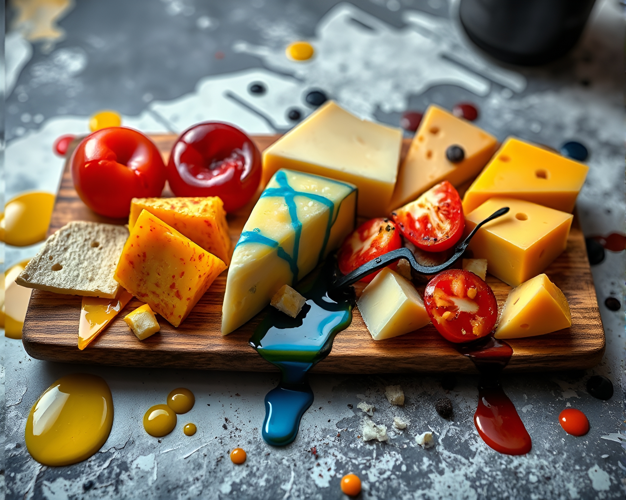 Artistic Cheese Platter with Ink Splashes – free AI stock image