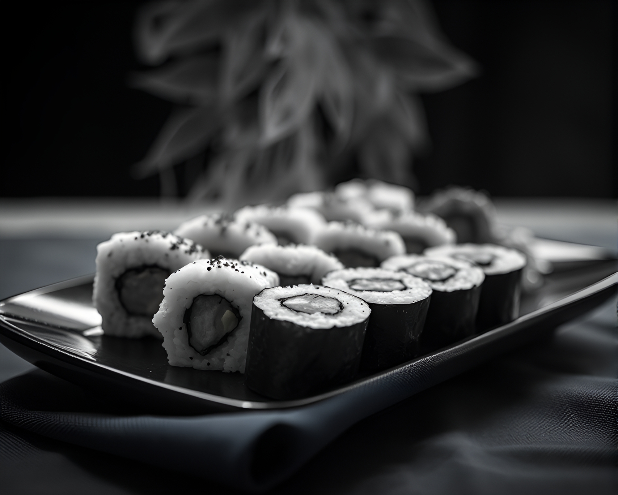 Surreal Sushi Feast in Monochrome Blue with Cloth Dynamics – free AI stock image