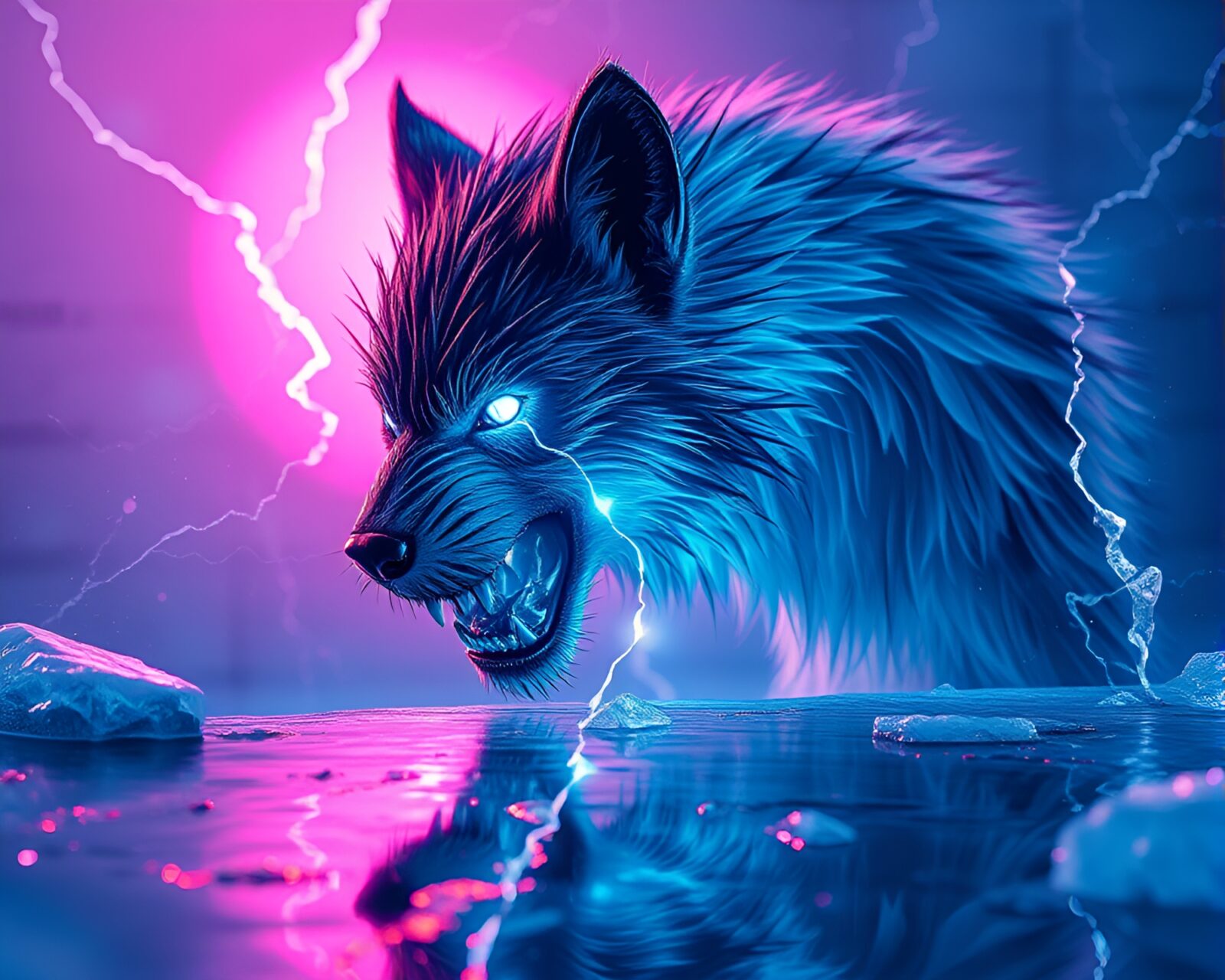Glowing werewolf standing on frozen, cracked lake at night