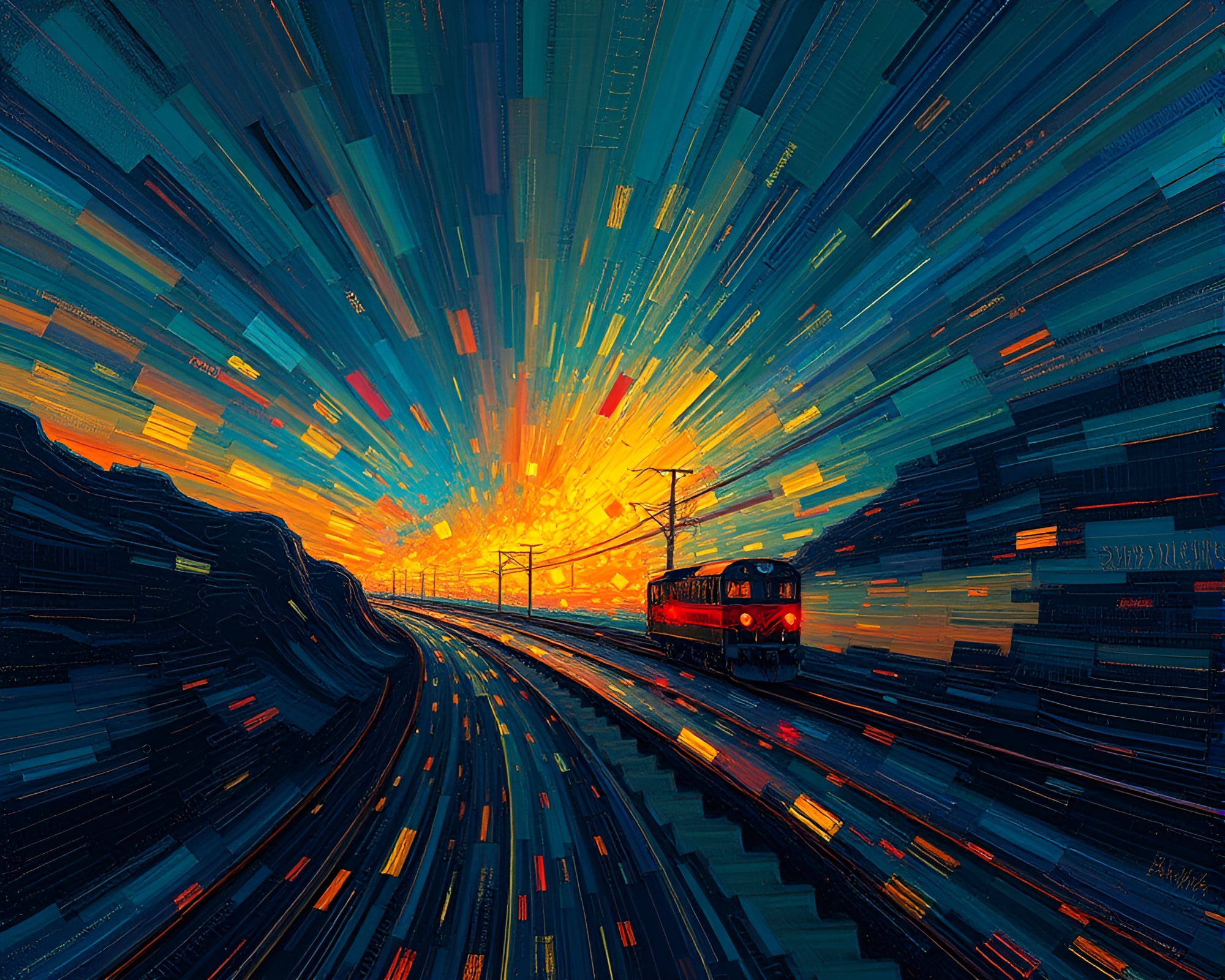 Impasto train under glitching firefly lights – free AI stock image