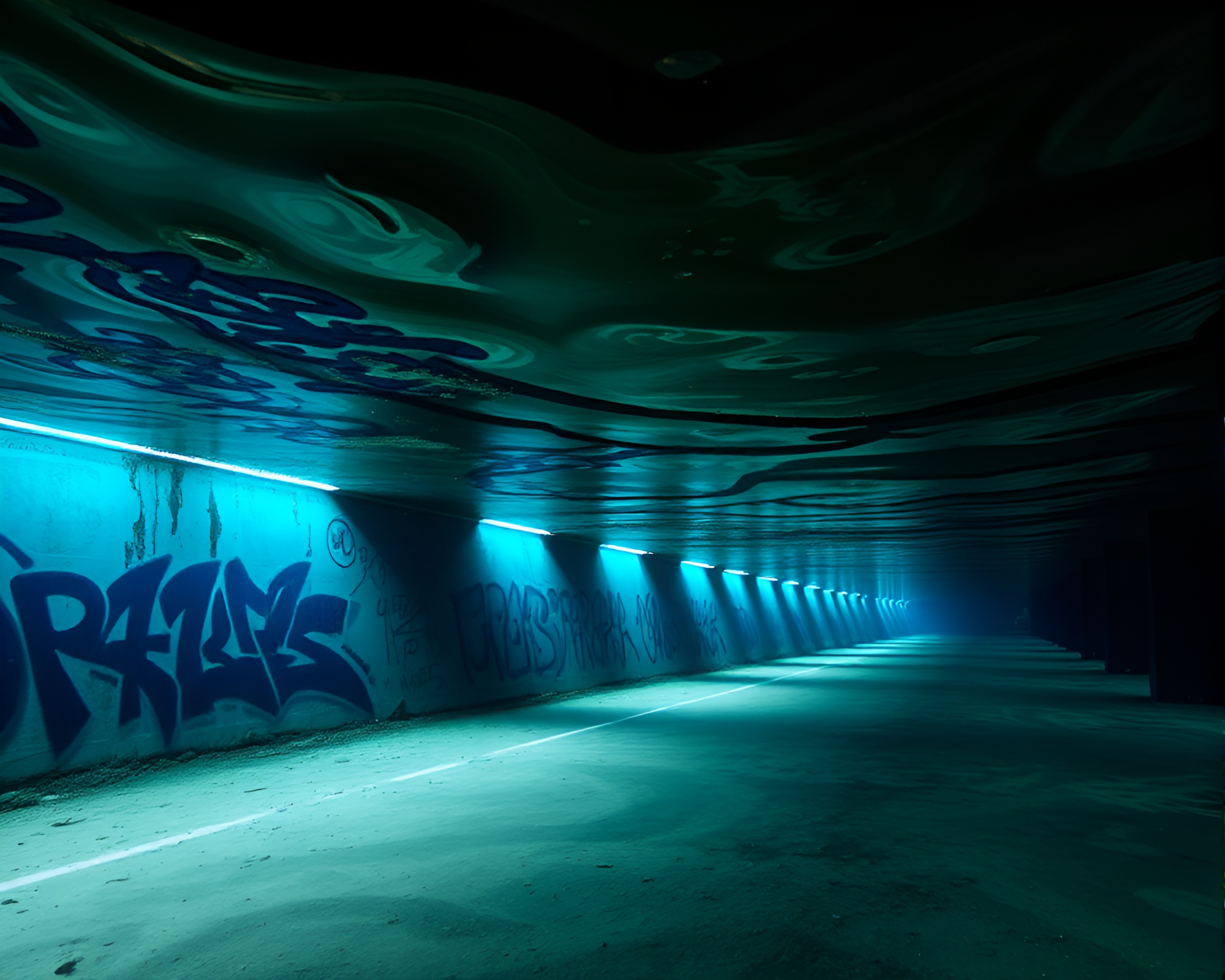 Submerged Submarine in Graffiti Underwater Tunnel – free AI stock image