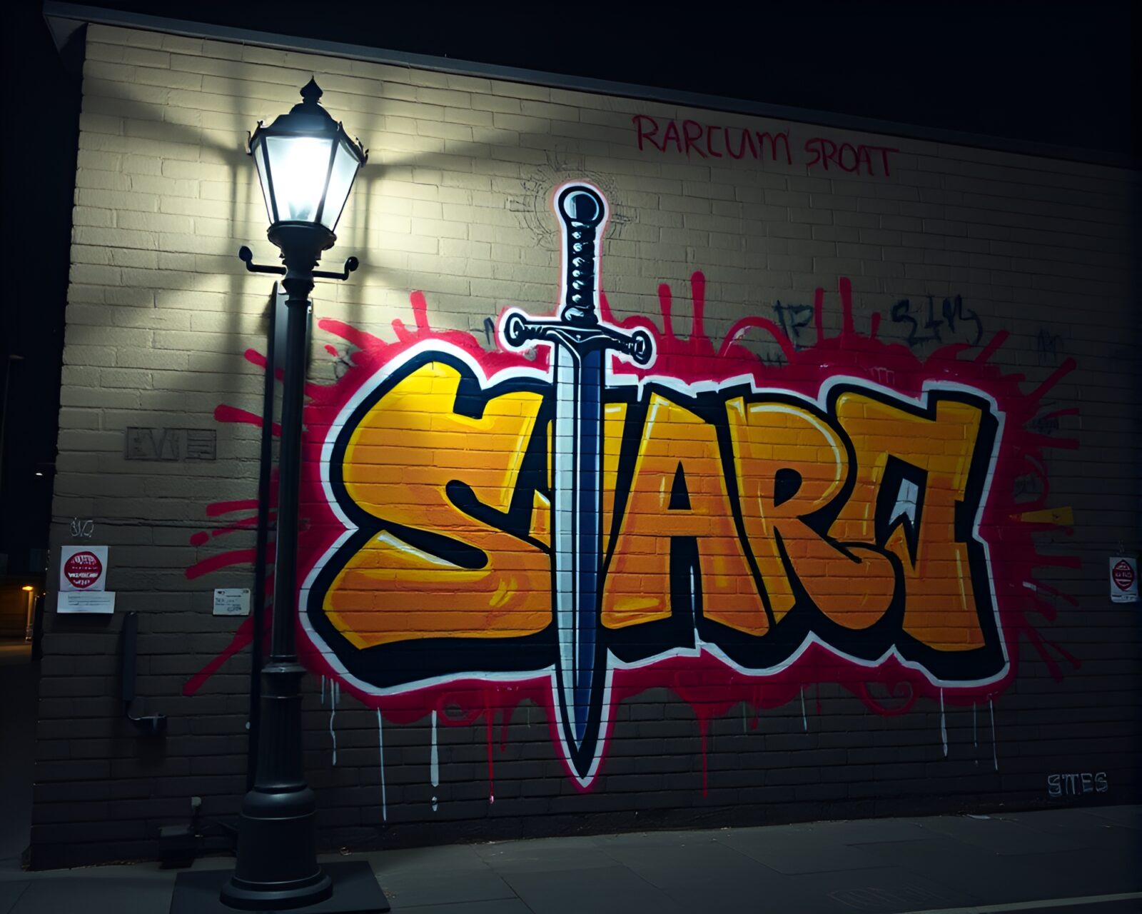 Sword-themed mural in op art style under streetlamp glow