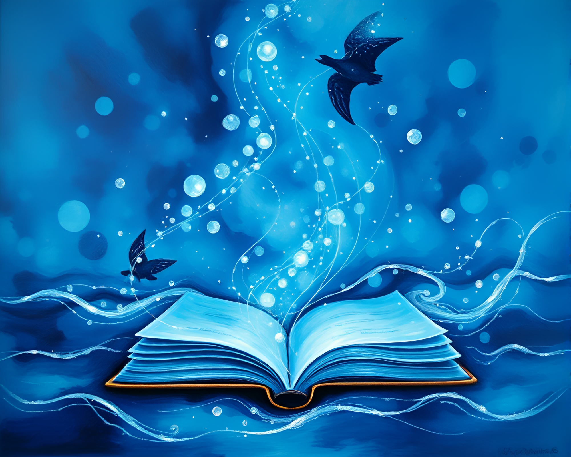 Enchanted Book Illuminated by Ocean-Blue Light Trails – free AI stock image