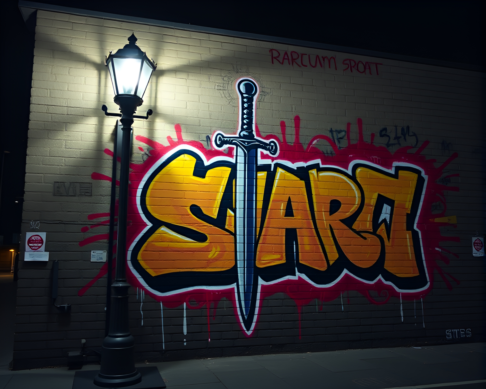 Glowing Streetlamp Sword Op Art Mural Graffiti – free AI stock image
