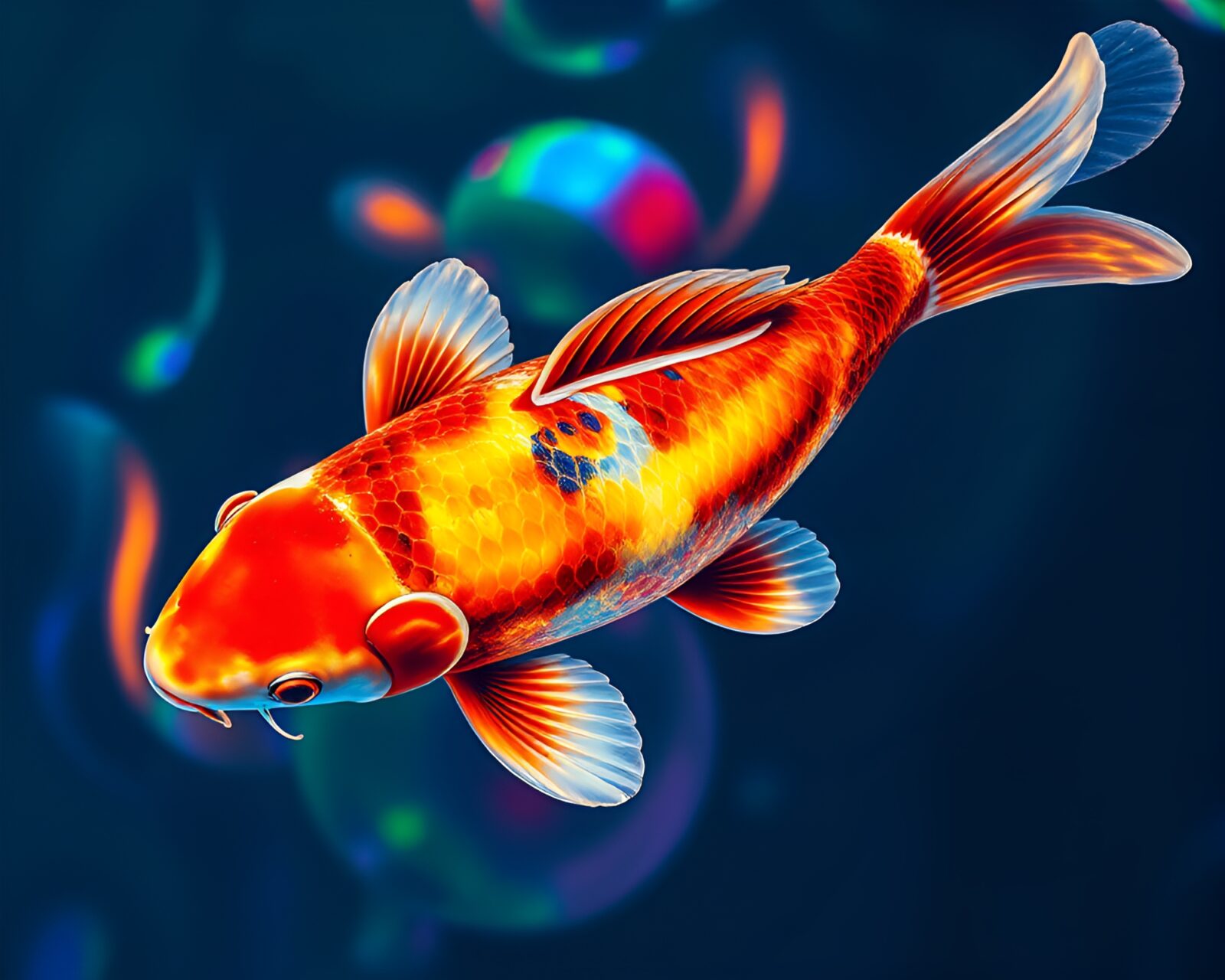 Colorful koi fish swimming in hyper-saturated rainbow waters