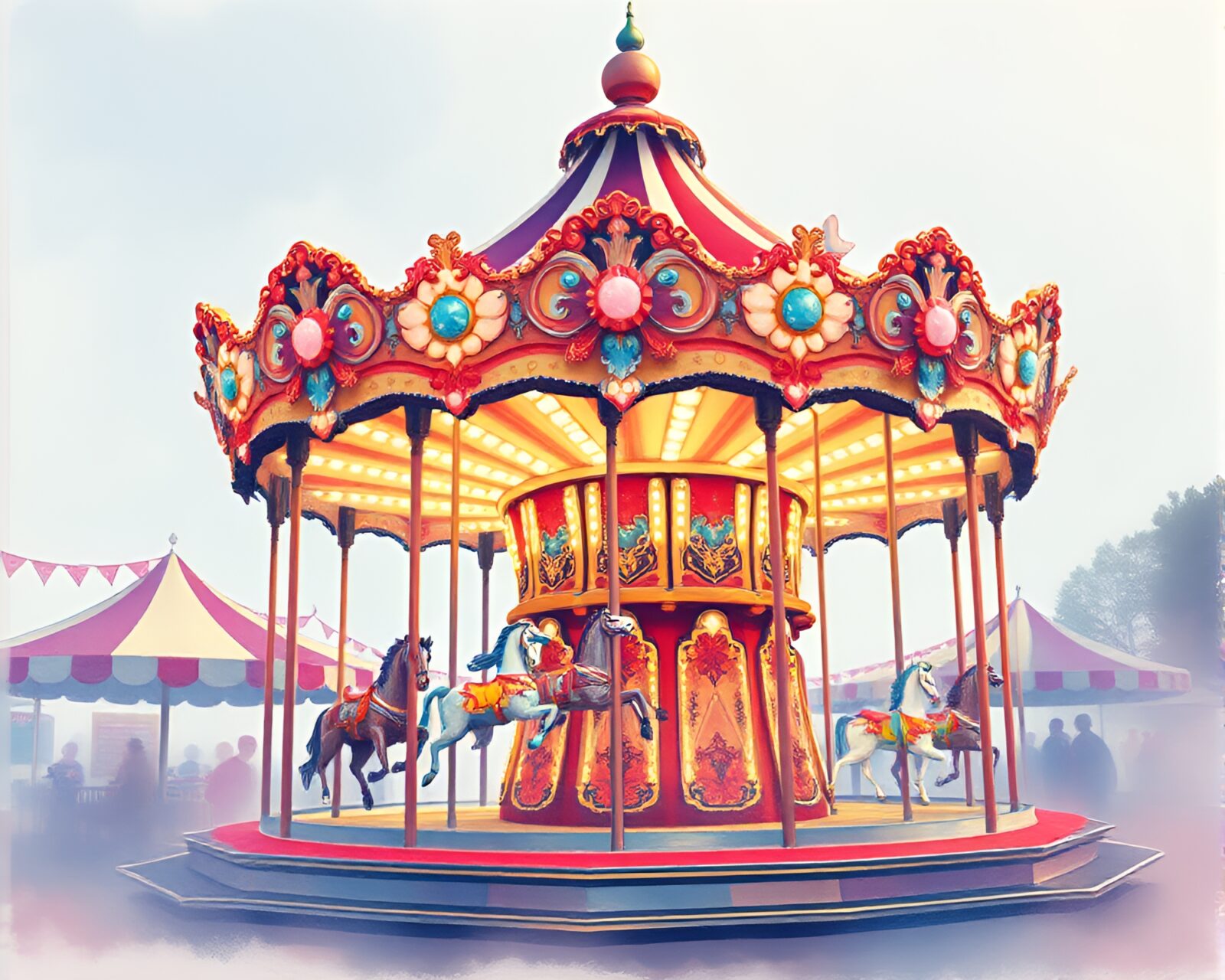 Medium shot of a whimsical 8-bit style carnival carousel