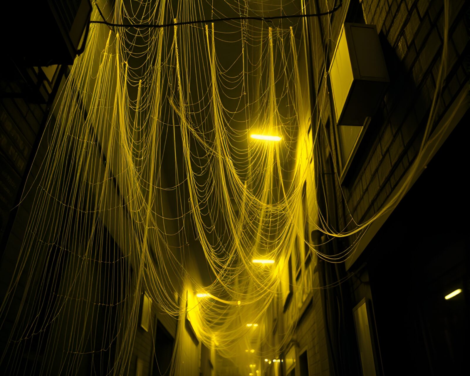 Dystopian city alley with yellow monochrome lighting and cobweb strands
