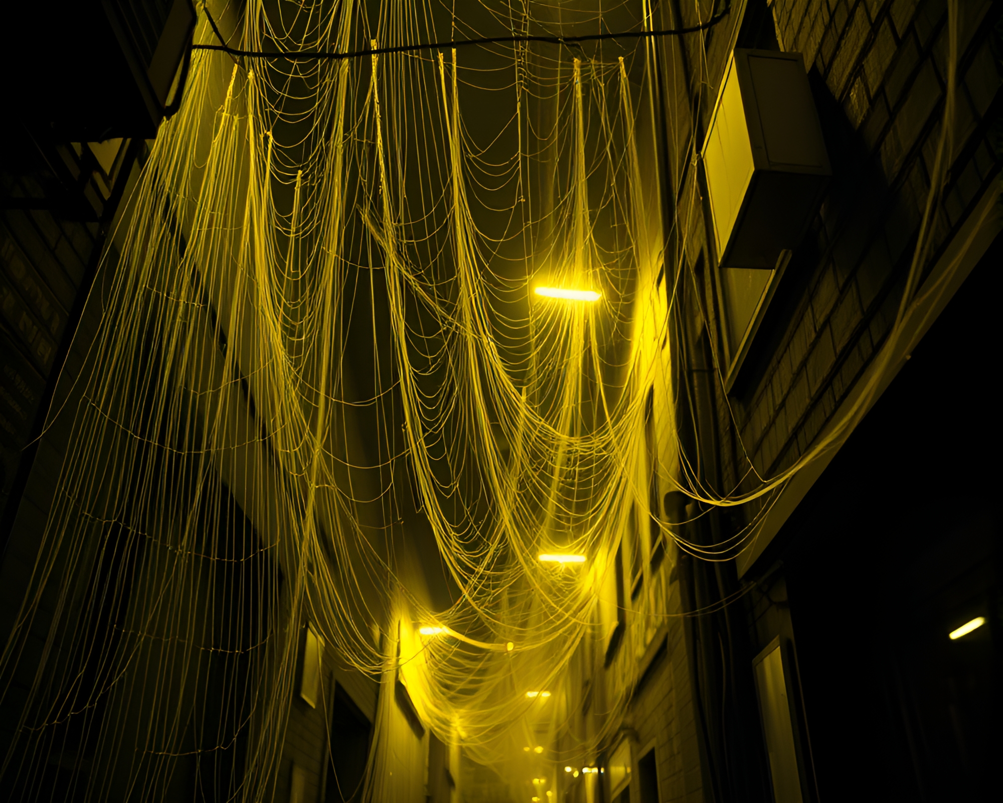 Neon-lit Cyberpunk Alley with Cobweb Strands – free AI stock image