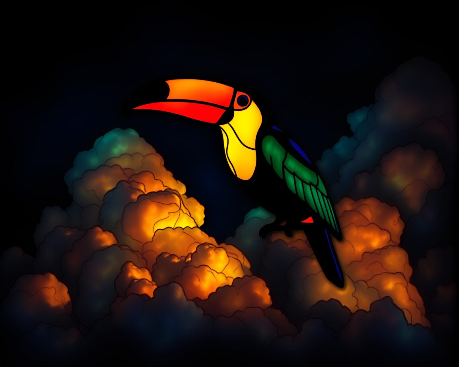 Vibrant glow-in-the-dark Toucan amidst intricate stained glass clouds