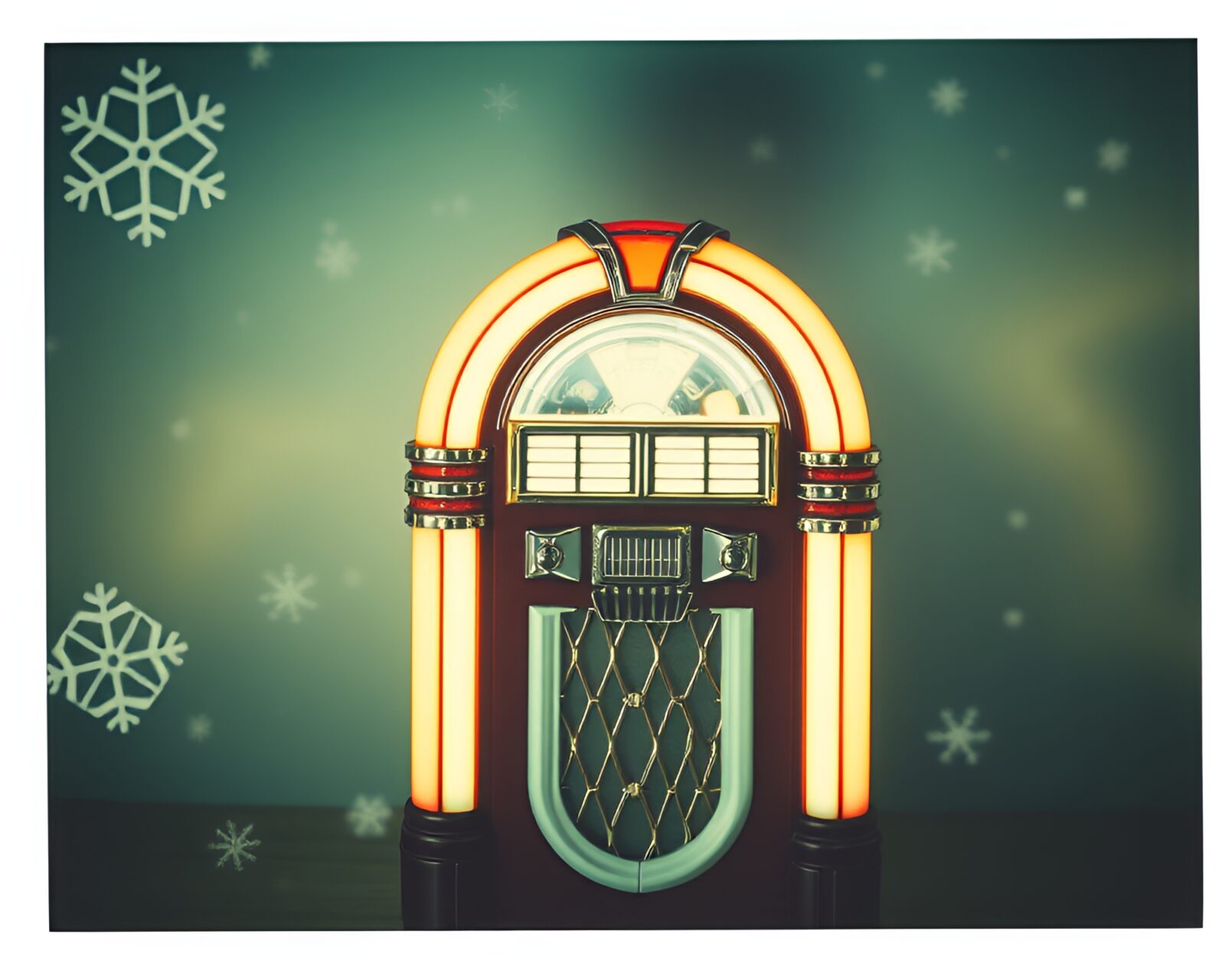 Retro jukebox surrounded by snowflakes in vintage polaroid style