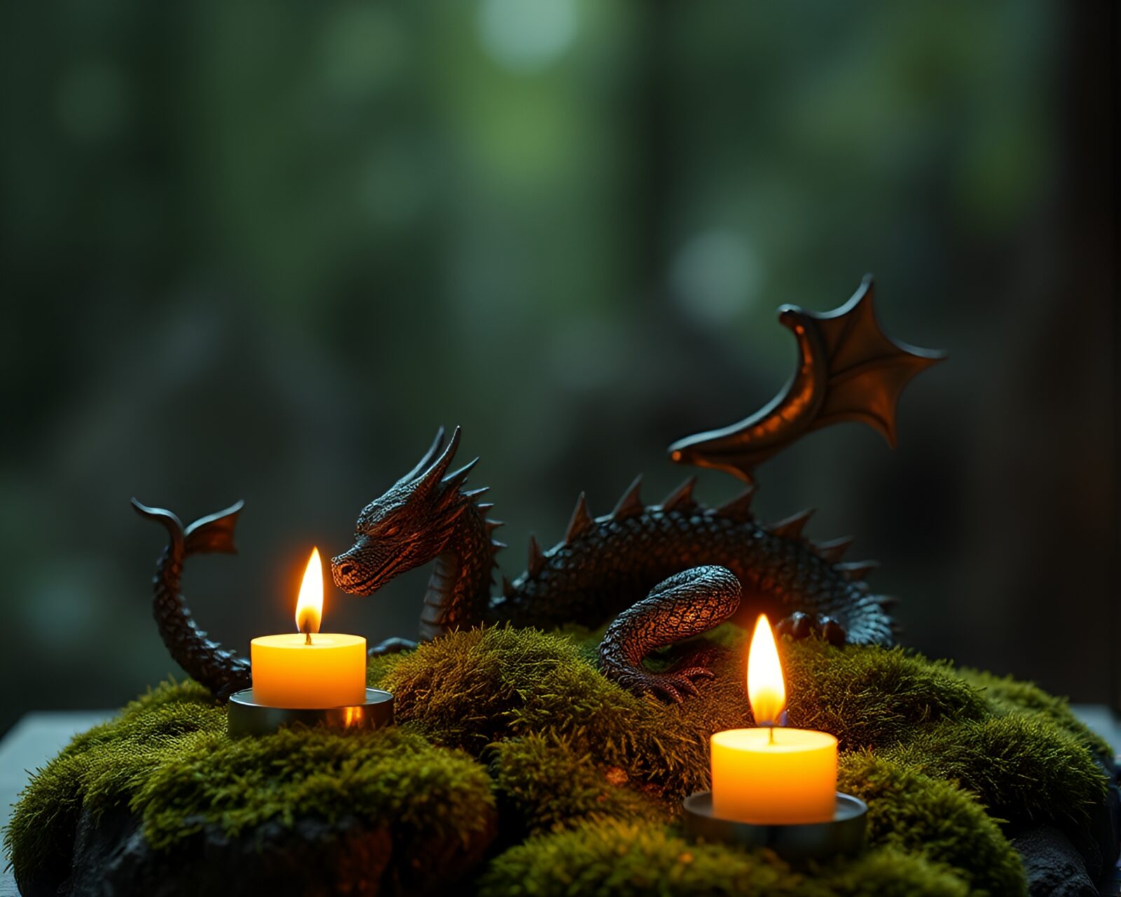Magical dragon illuminated by candlelight in moss-covered lair