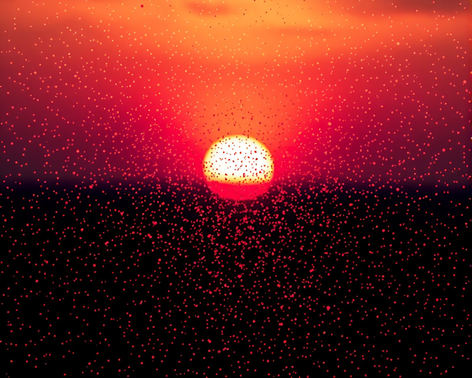 Abstract crosshatch shaded landscape with kaleidoscope fragments and glittery dusk hues