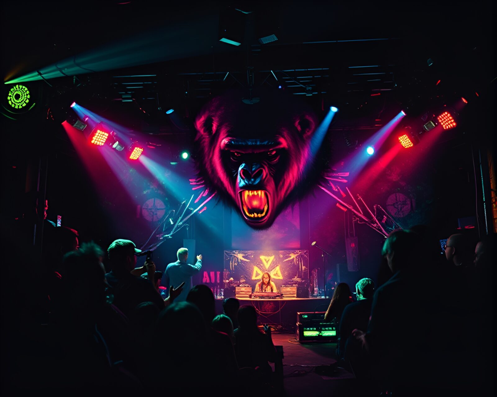 Abstract fractal overlay of gorilla in club atmosphere