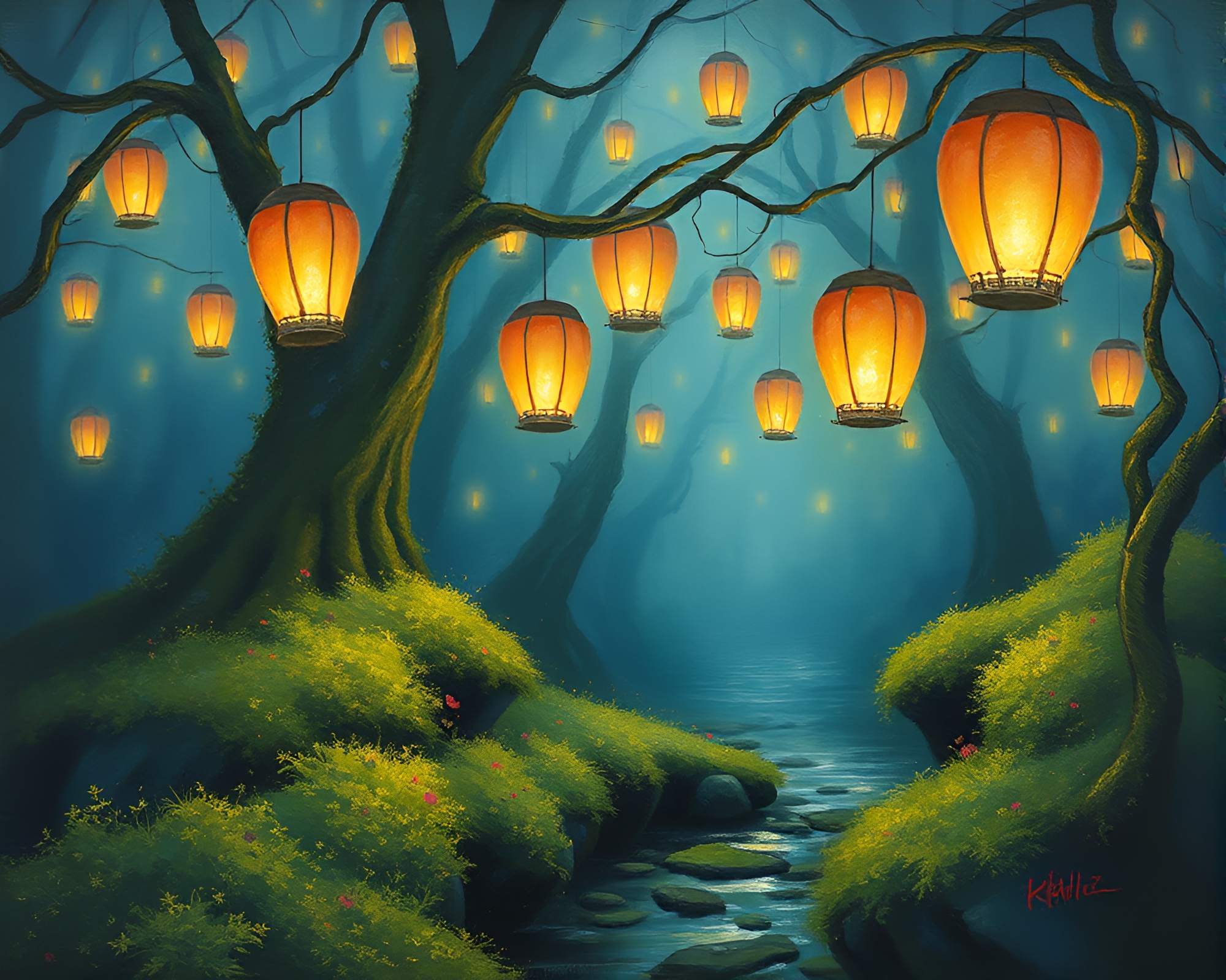 Serenity at Twilight: Moss Lanterns Glow Impressions – free AI stock image