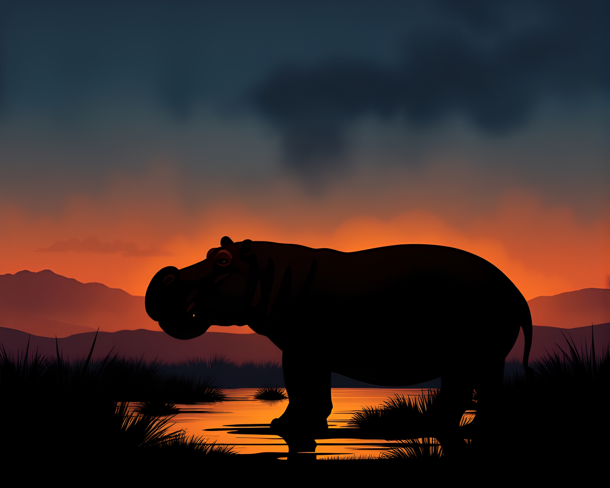 Hippopotamus Sunset Silhouette Illustration – free AI stock image