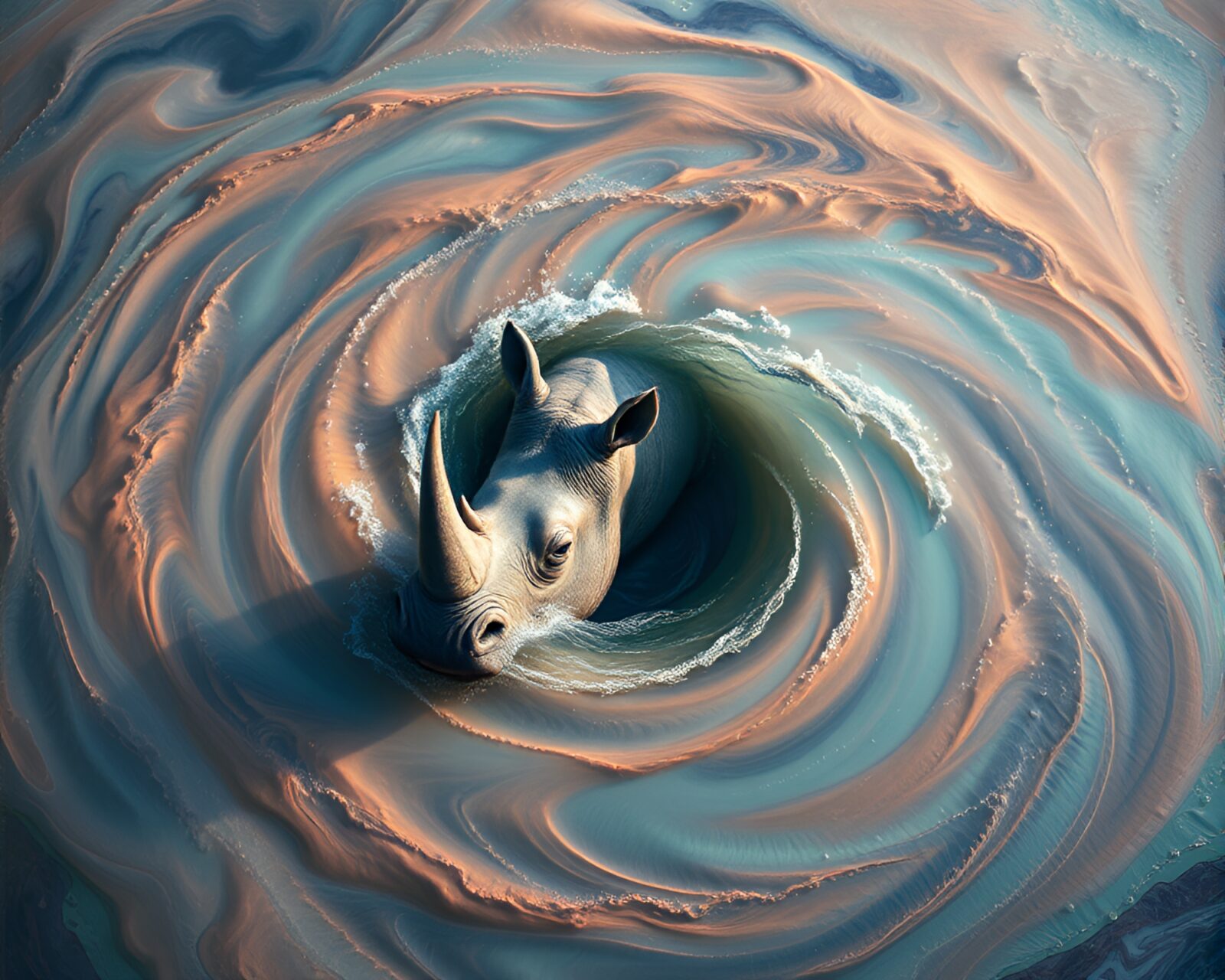 An artistic representation of a rhinoceros in swirling waters