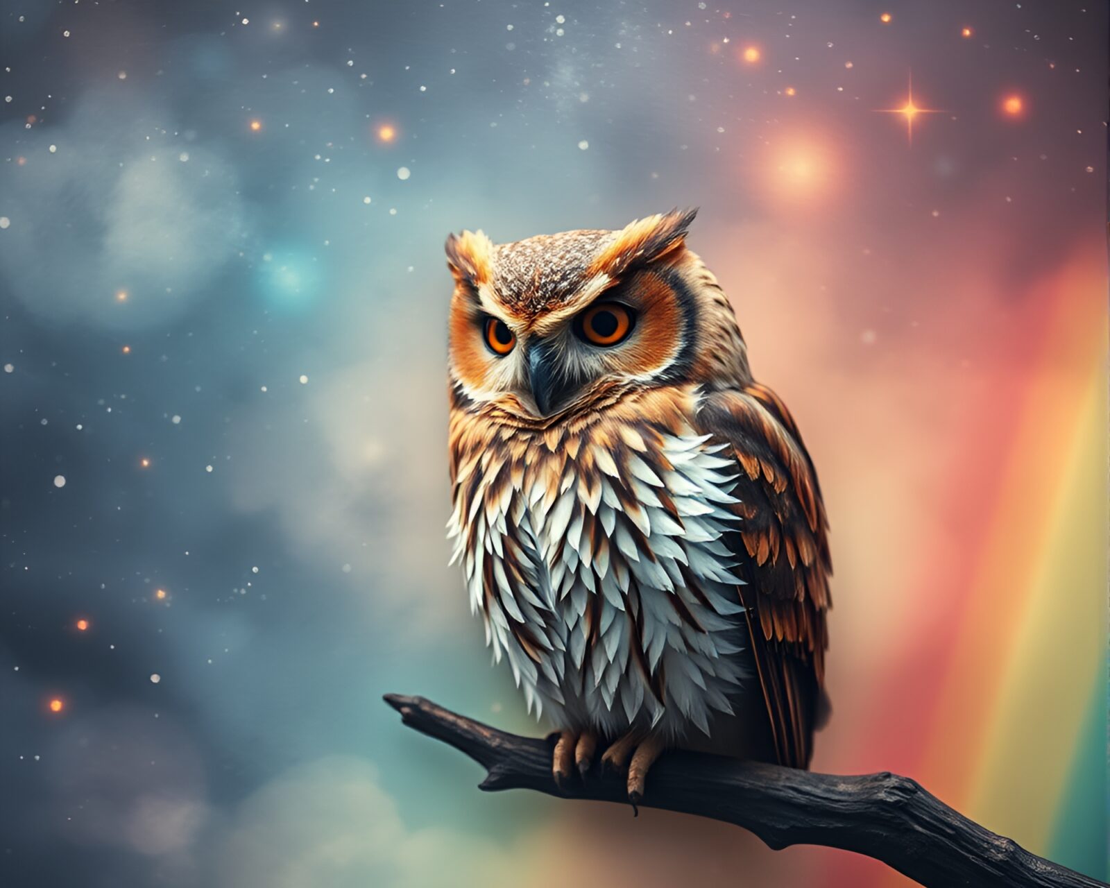 Colorful owl with cosmic backdrop on textured paper