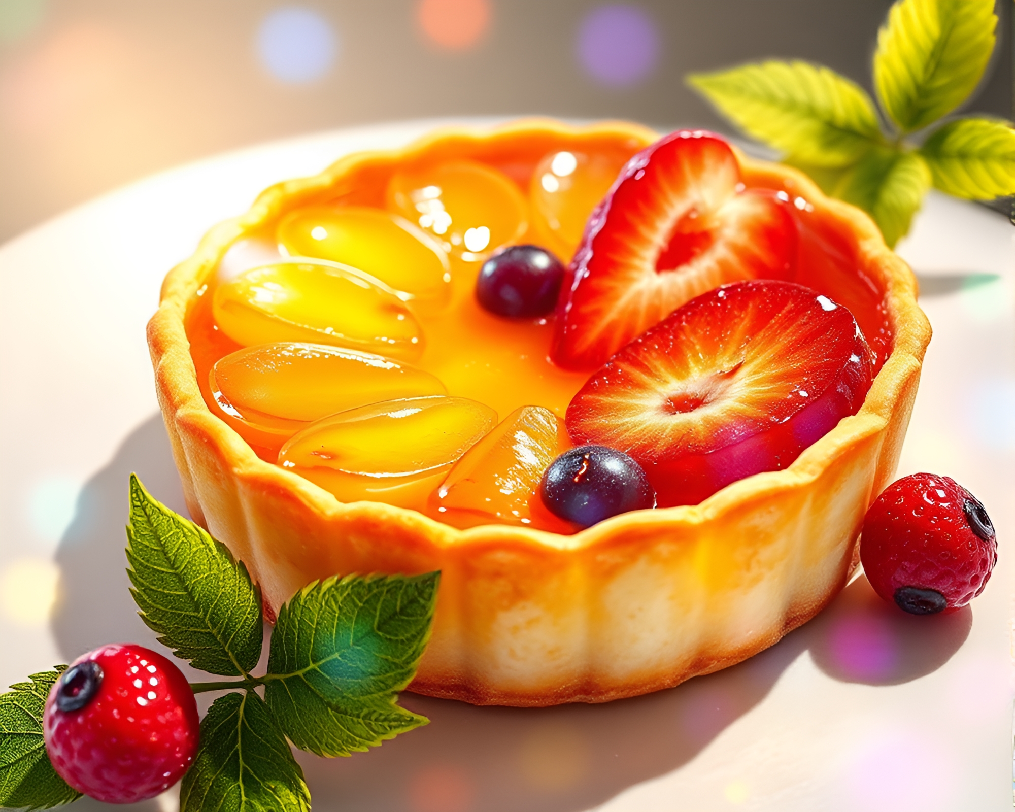 Botanical Illustration with Off-Center Fruit Tart – free AI stock image