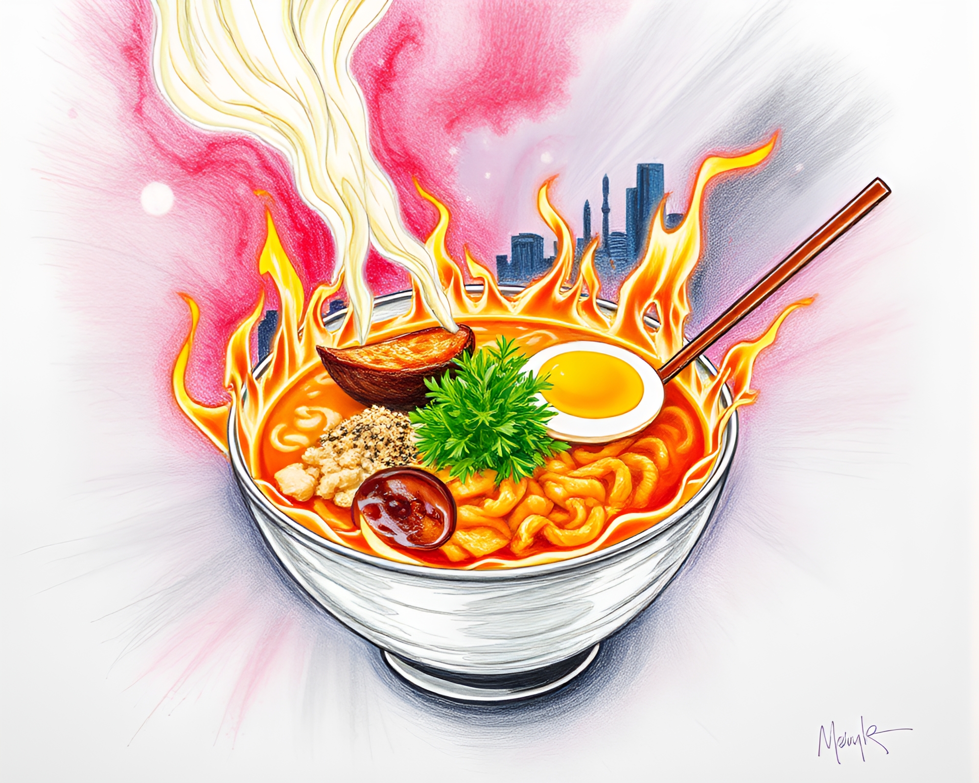 Galaxy-Inspired Ramen Bowl Sketch with Film Burns – free AI stock image