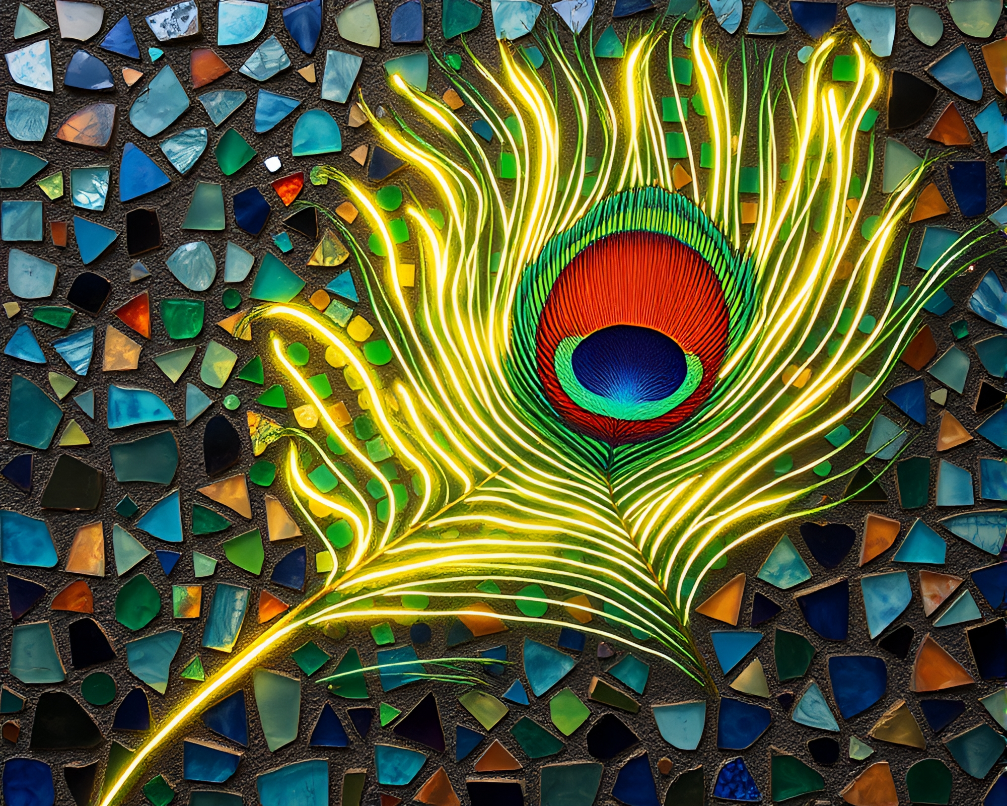 Glowing peacock feather encaustic mosaic art – free AI stock image