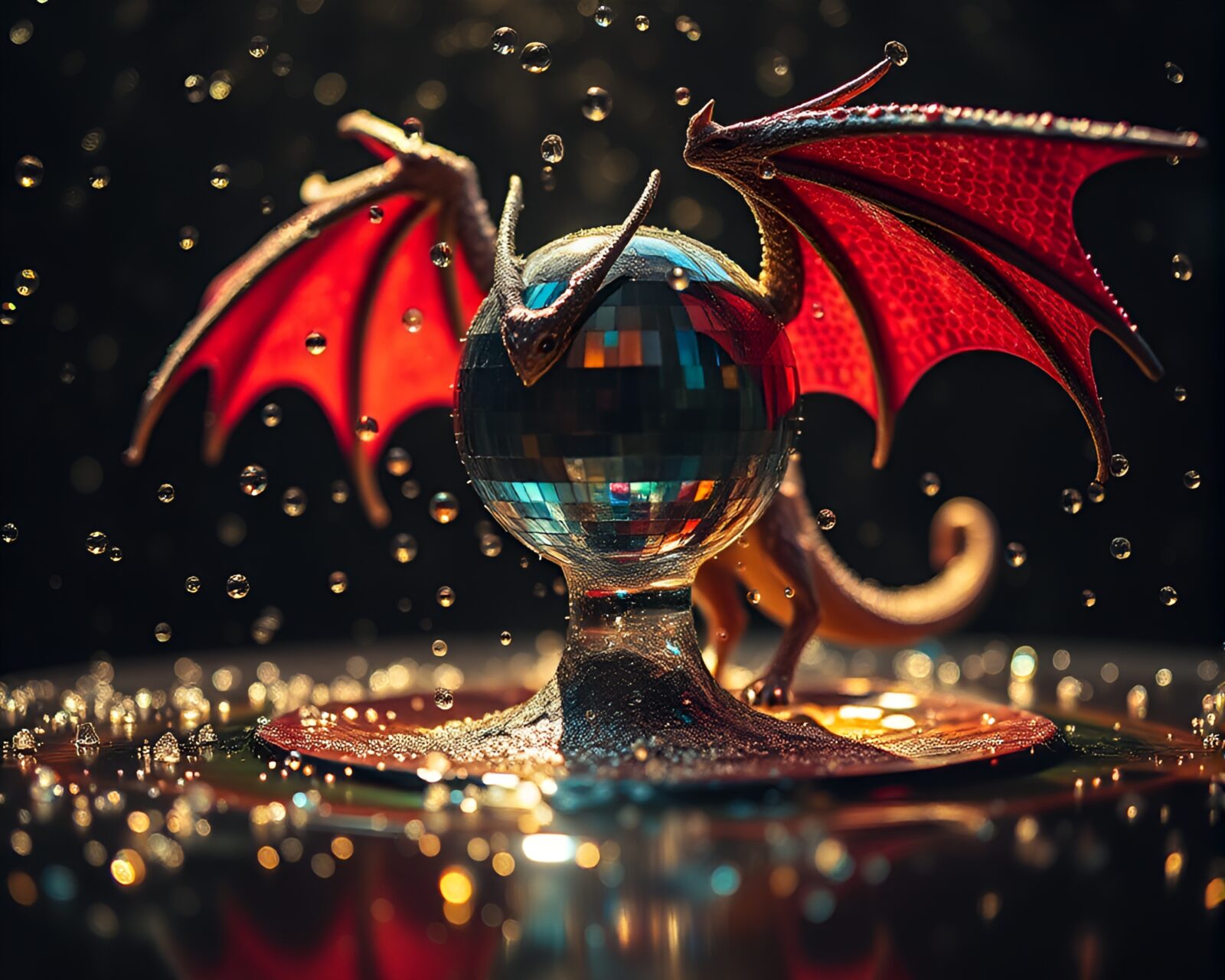 Majestic mythical creature surrounded by shimmering water droplets