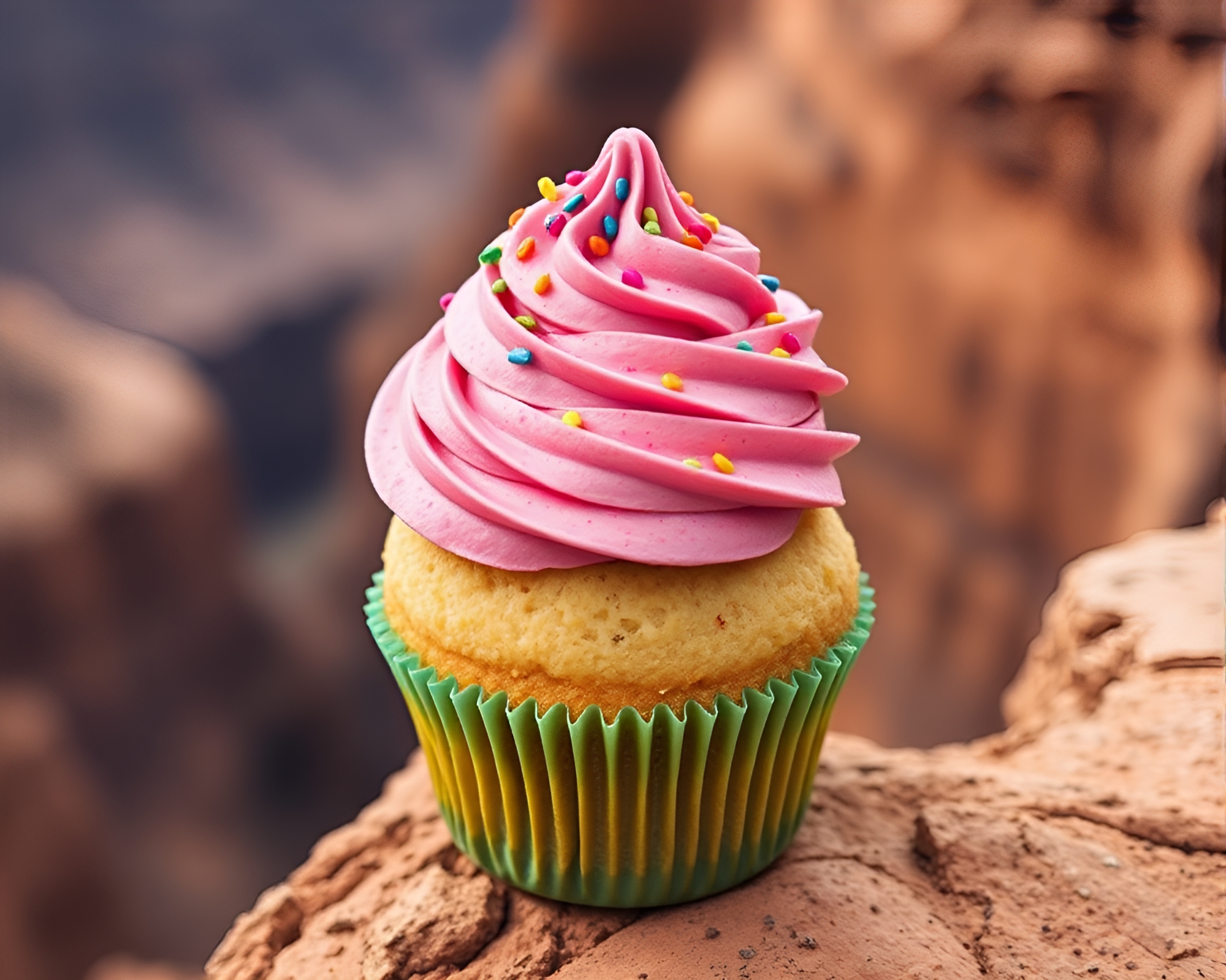 Vibrant Cupcake Tower in Miniature Rustic Canyon Scene – free AI stock image