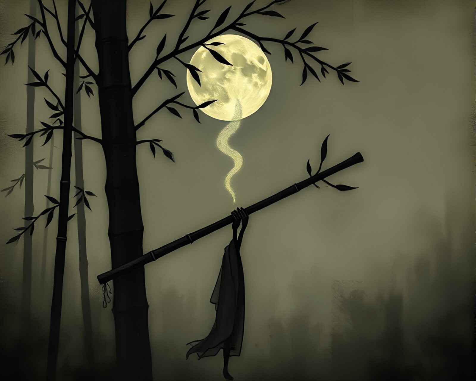 Mystical bamboo flute surrounded by eerie digital static