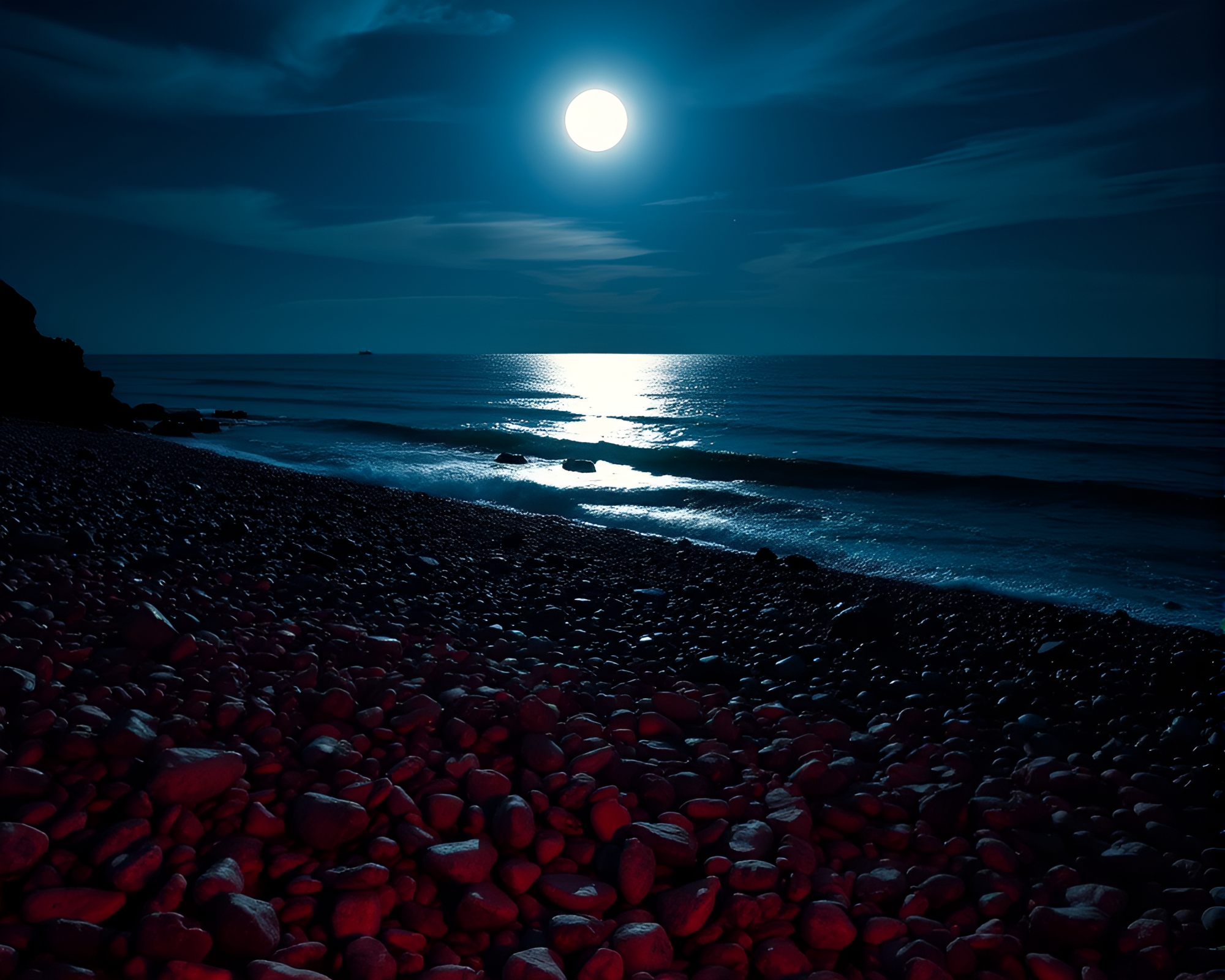Moonlit Pebble Beach with Neon Illumination – free AI stock image