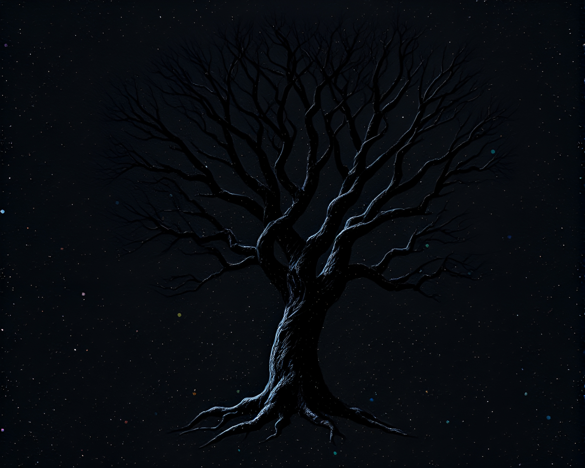 Enchanting Ancient Tree Bathed in Charcoal Black Light – free AI stock image