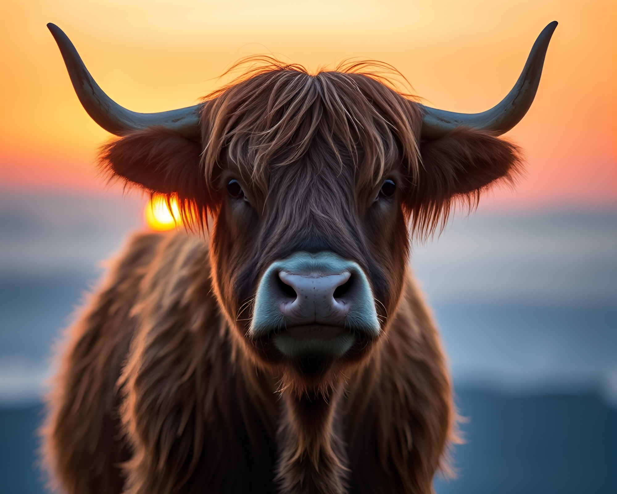 Highland Cow in Split Focus Sunrise Pastel Landscape – free AI stock image